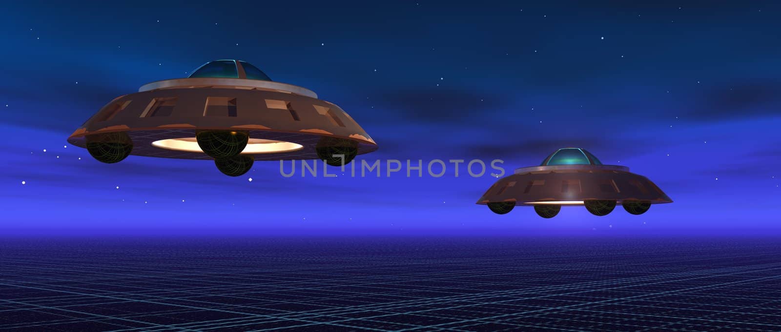 a 3d render of two flying saucers in a blue night