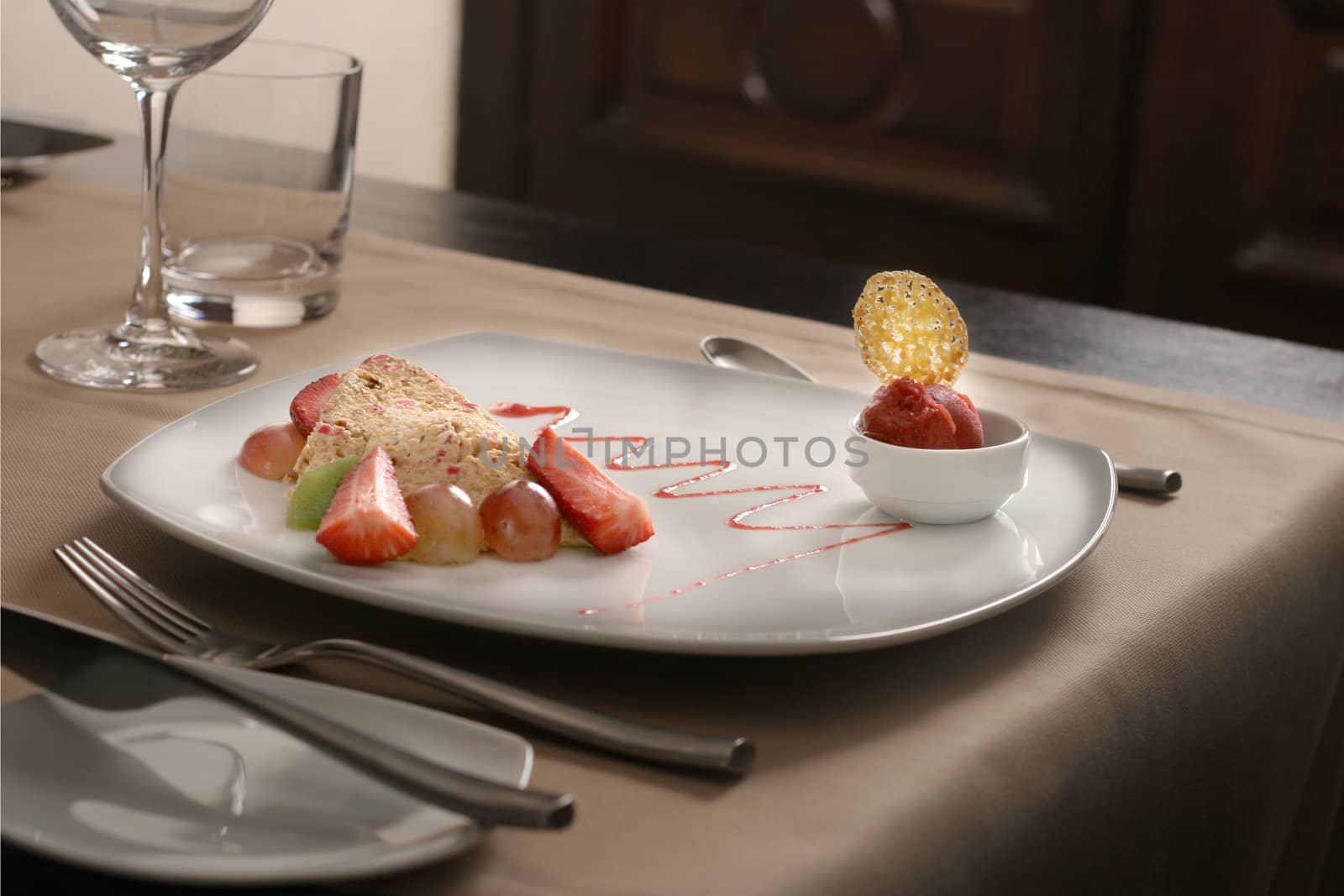 restaurant table with dessert plate