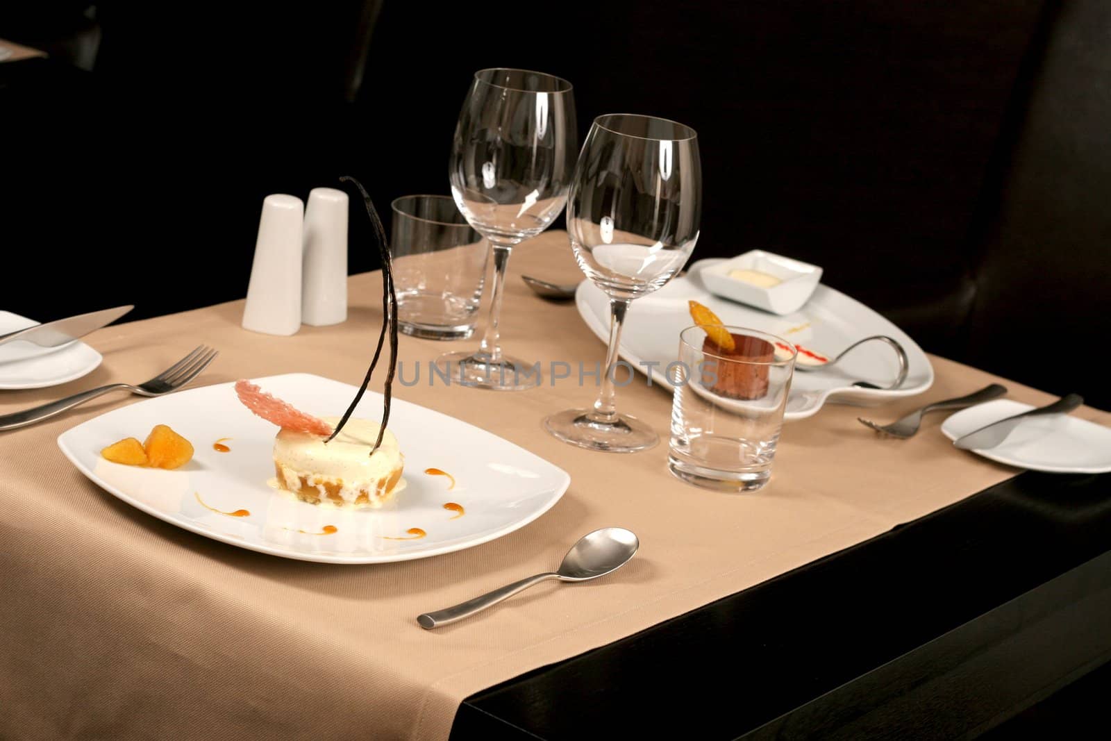 restaurant table with two different dessert