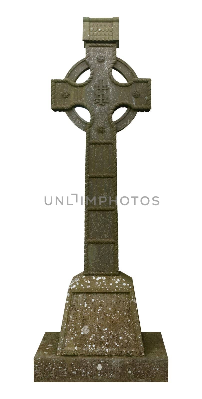 Celtic cross in carved sandstone with knotwork and cable patterns, from County Armagh, Northern Ireland (isolated on white with clipping path)