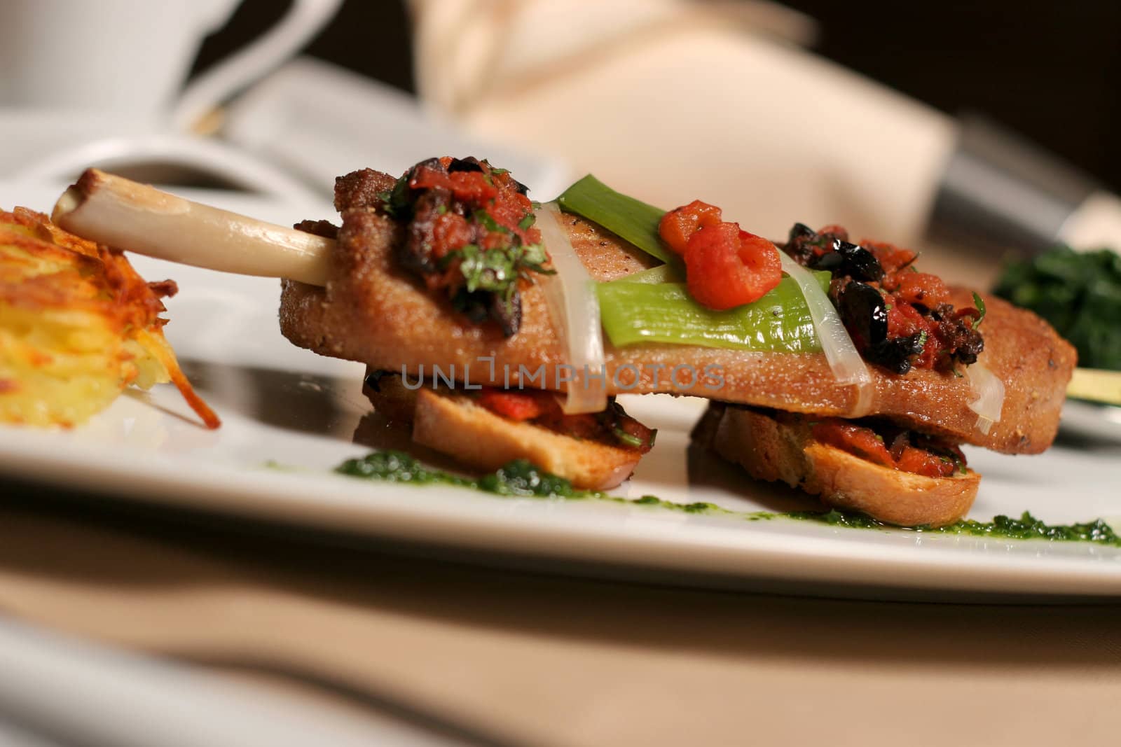 restaurant plate with meal meat and dressing