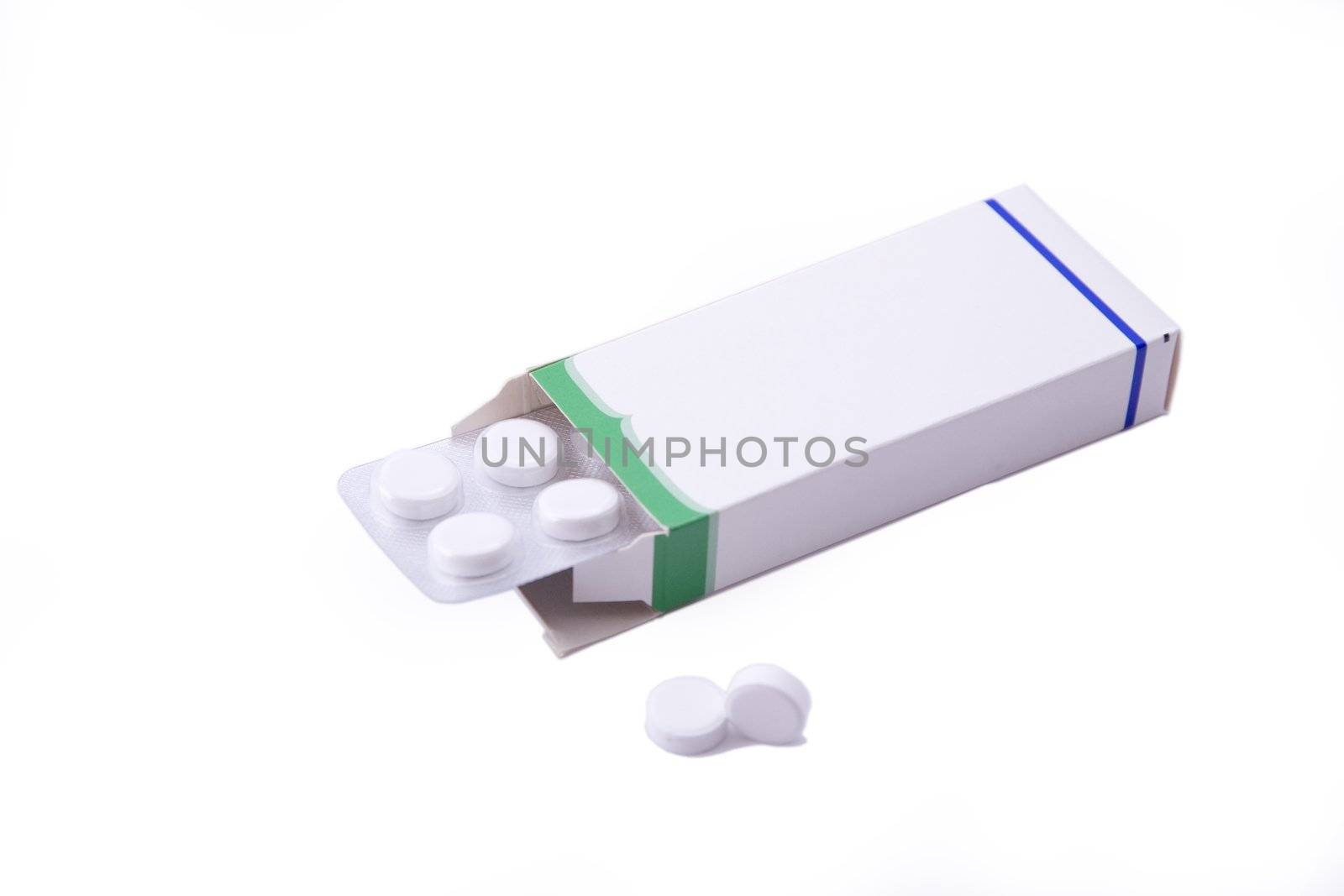 Image of a pills blister getting out form the box over white background