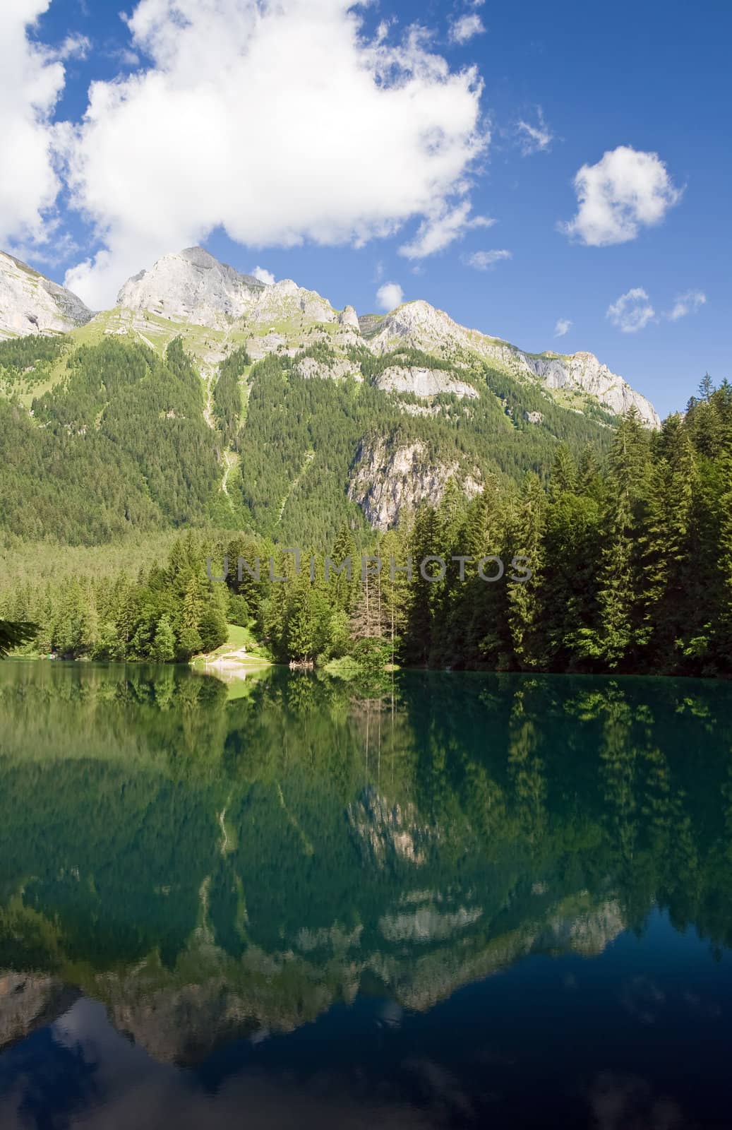 summer view of a beautiful lake in Italian alps