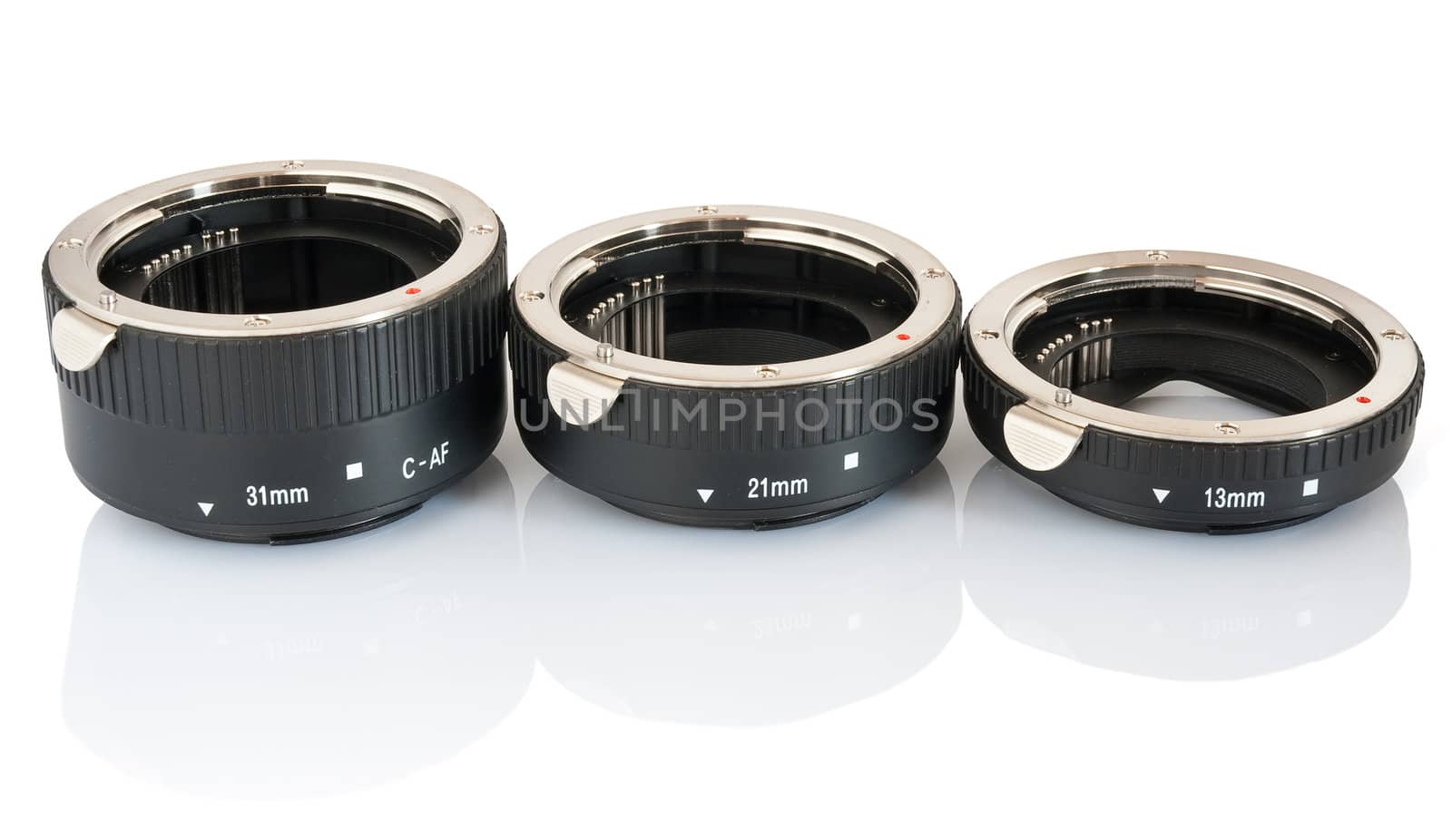 set of extension tube used for macro photography isolated on white background