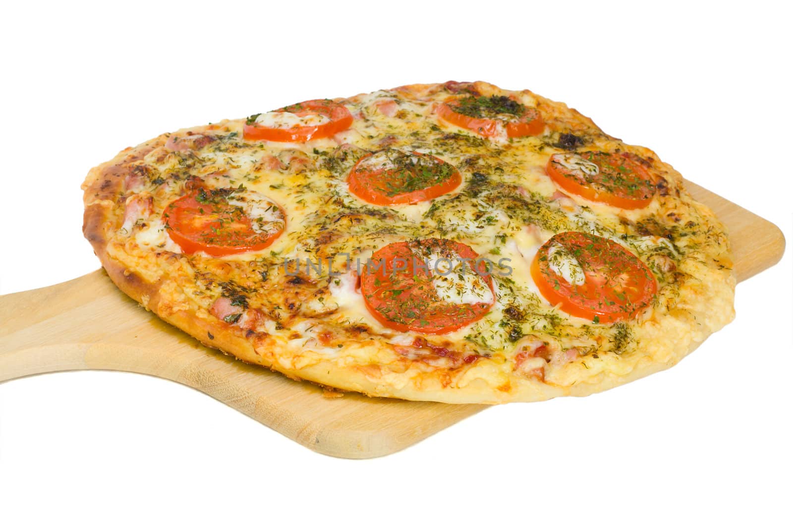 close-up pizza, isolated over white background