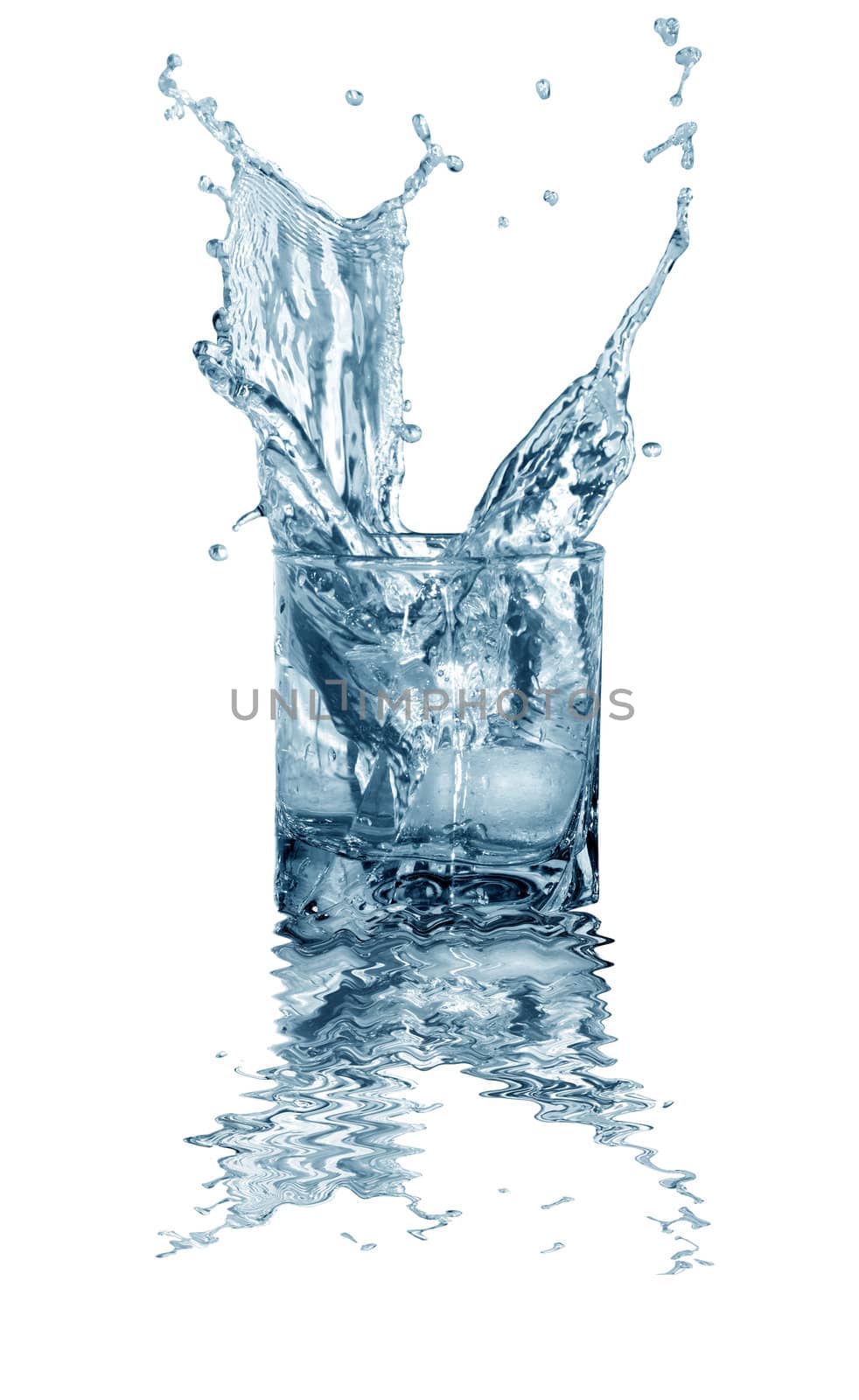 Glass of splashing water with ice. Isolated on white with clipping path