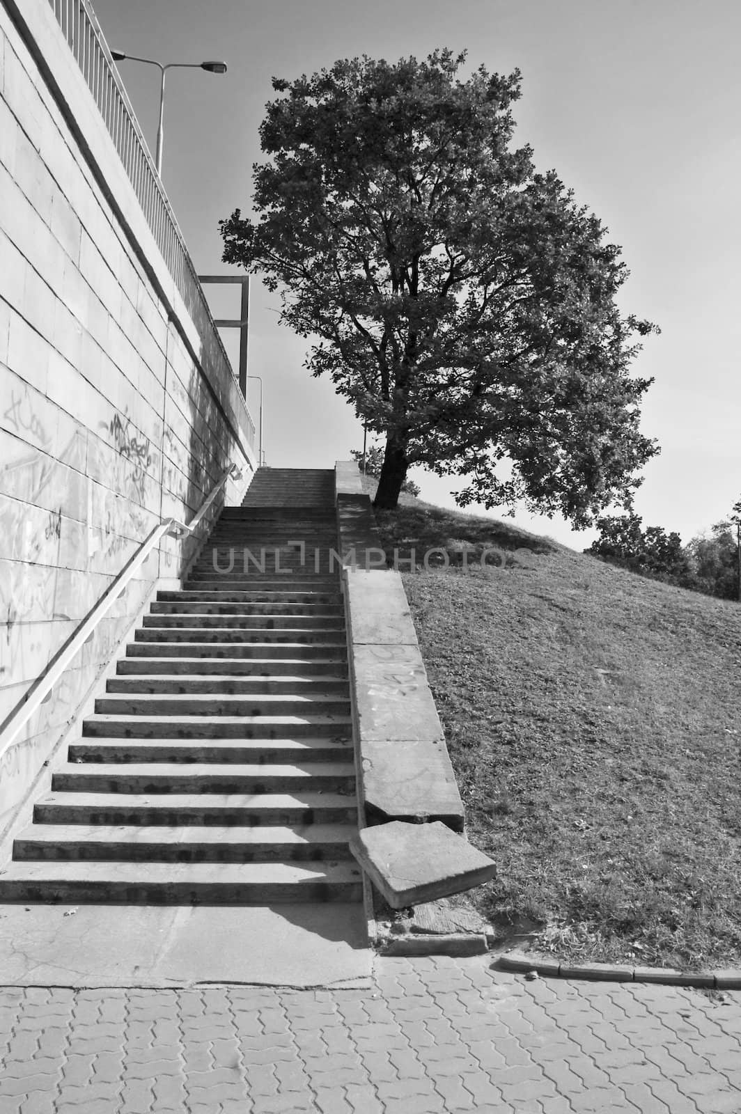 Stairway on bridge. by Michalowski