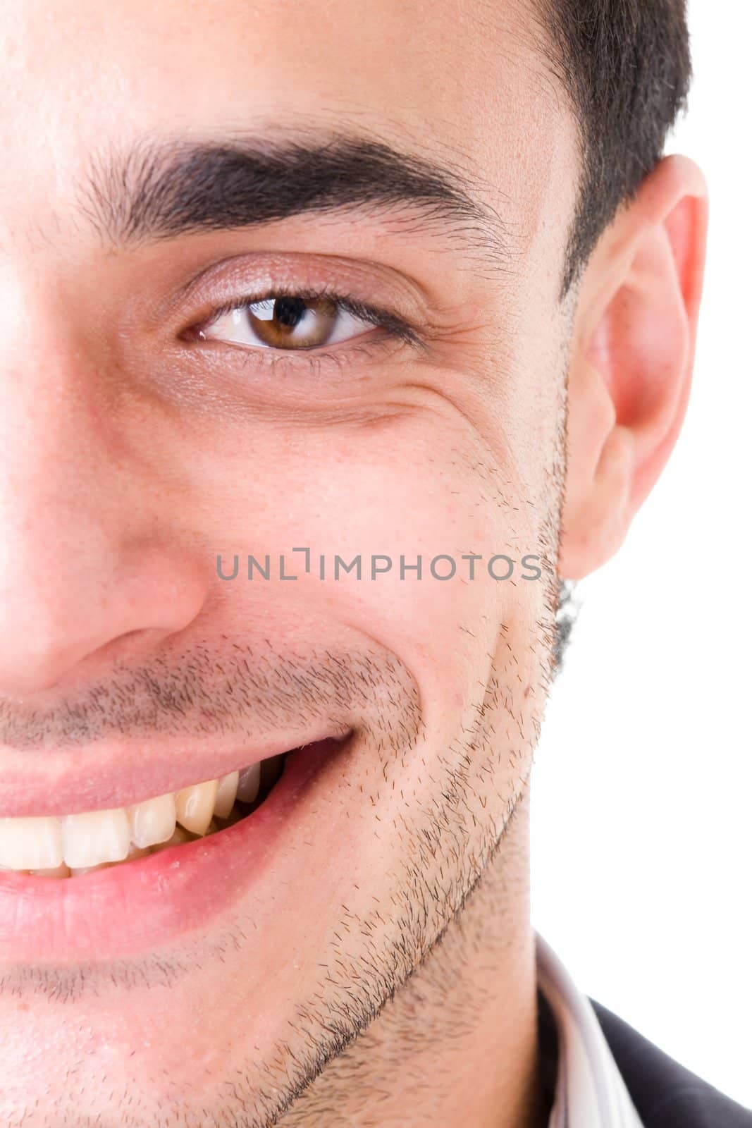 beautiful smiling man close up on a white background