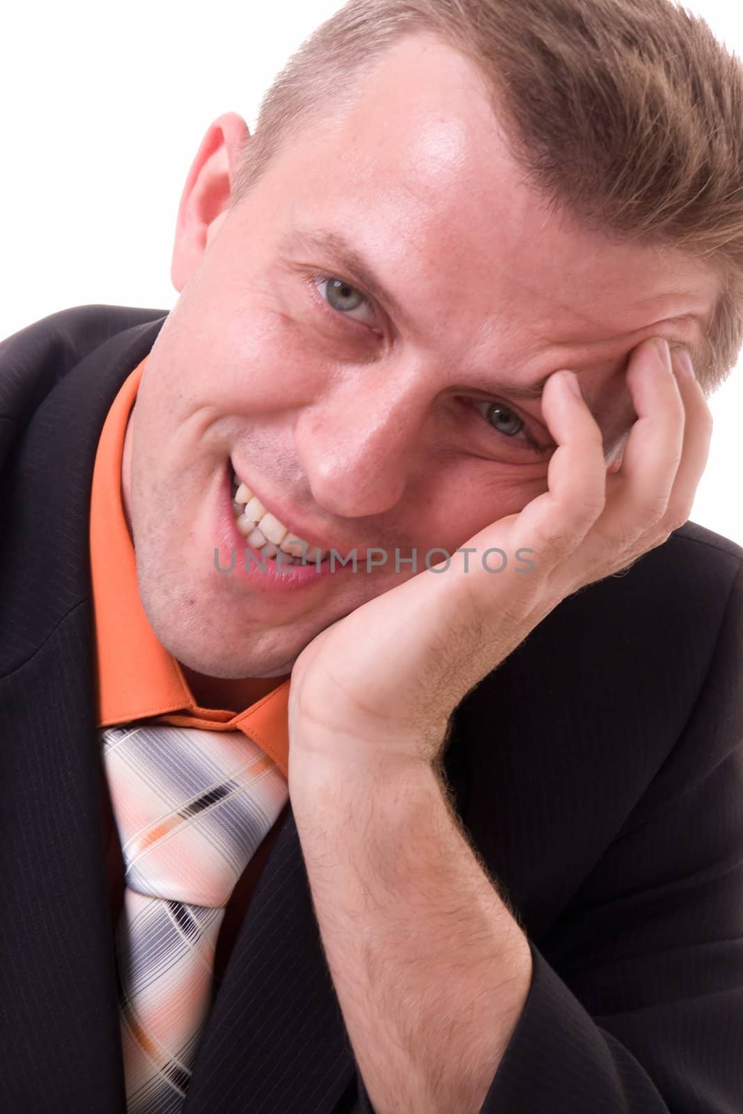 The tired businessman, isolated on white background.