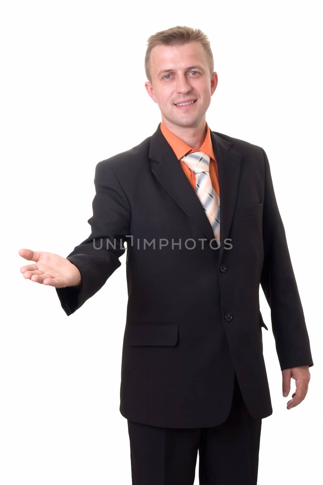 smiling businessman with indicating gesture on a white background 