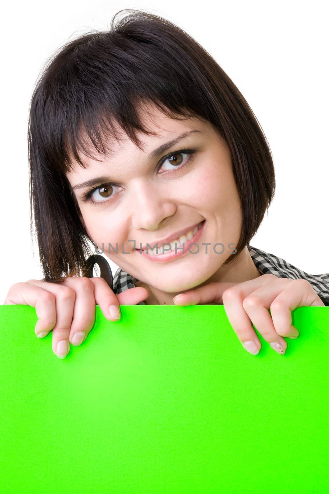 beautiful smiling woman with the big green billboard on a white background