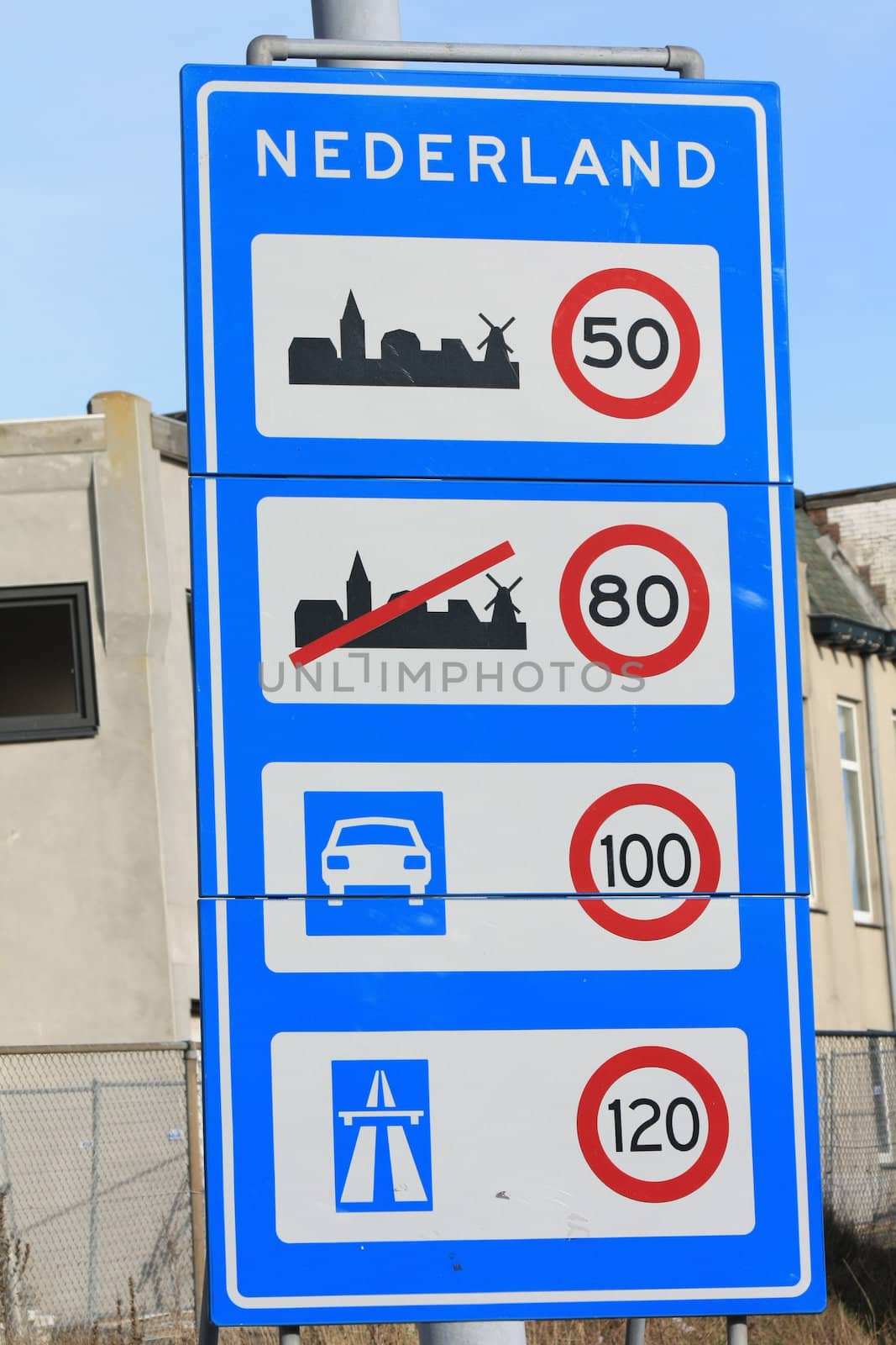 A sign at the entrance of the Netherlands, showing the different speed limits in different areas