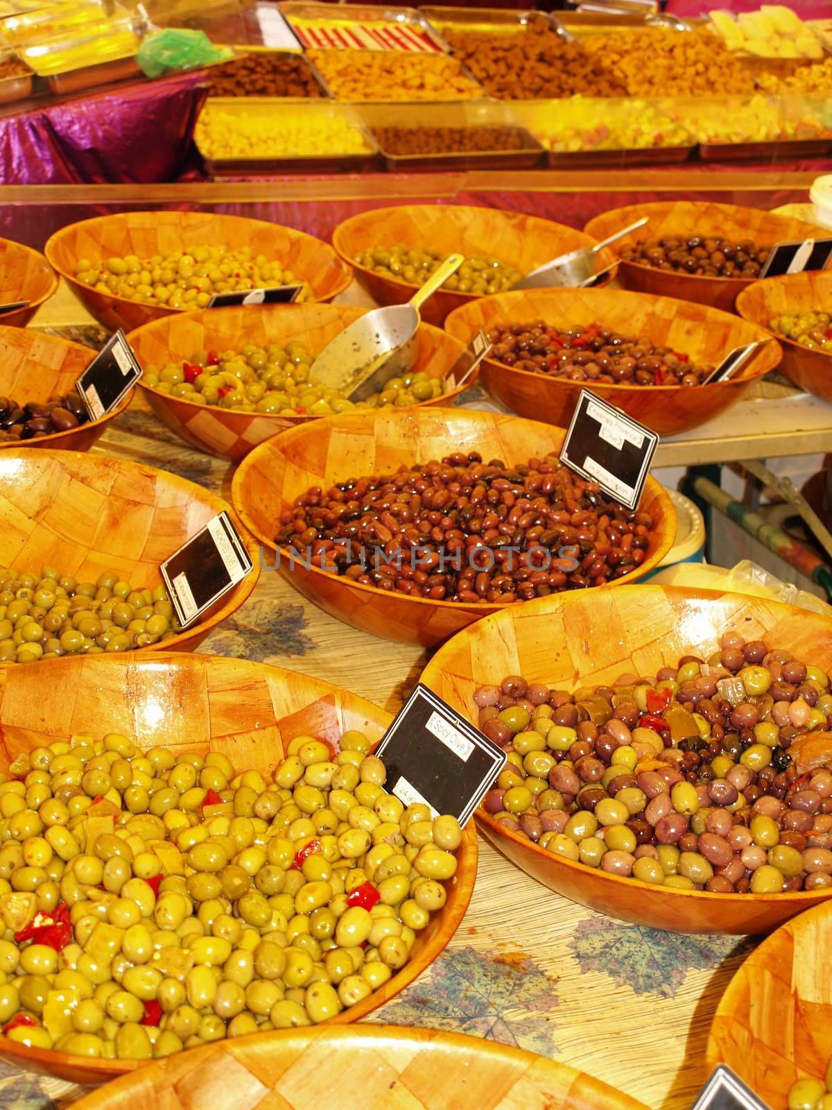 different olives on market