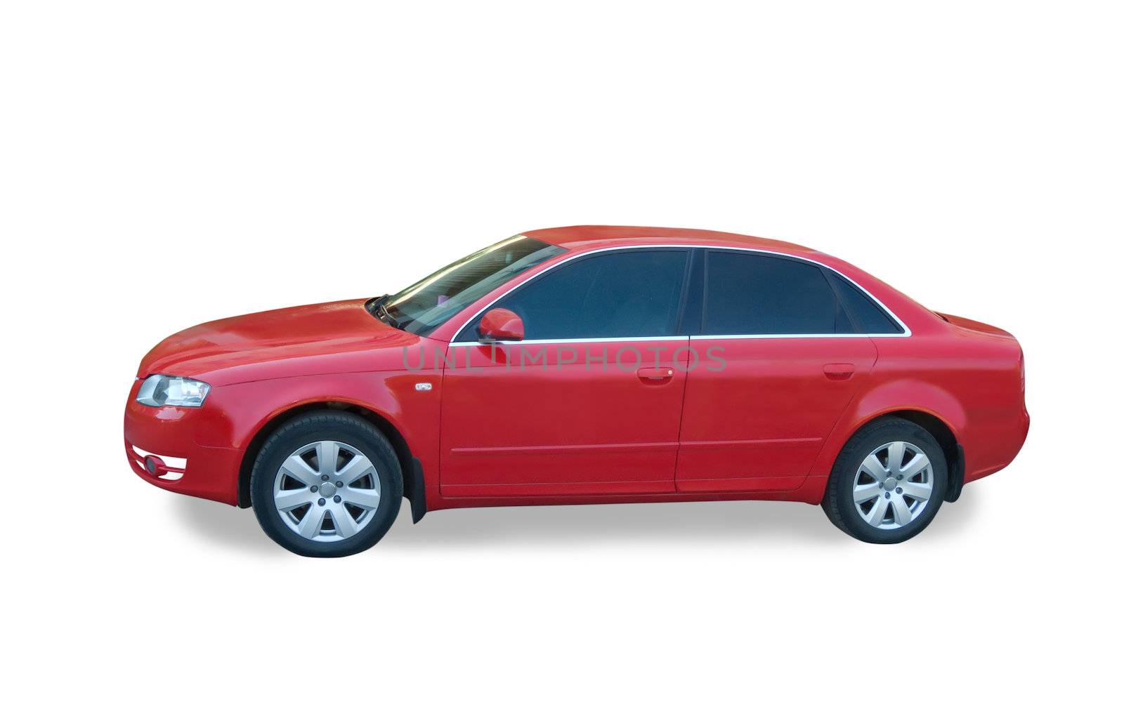new red family car on white. Isolated whith clipping path