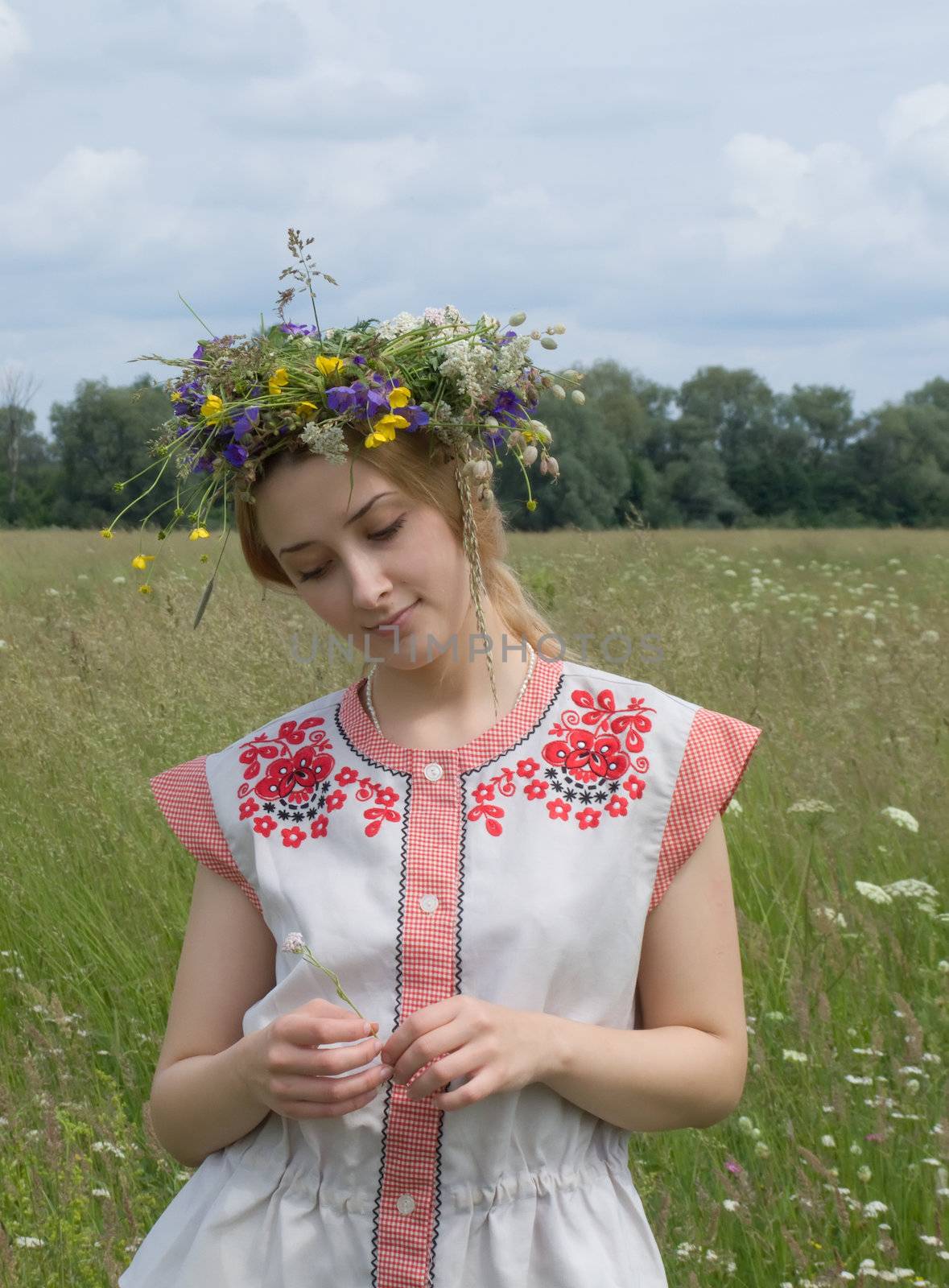 girl in a chaplet from meadow flowers