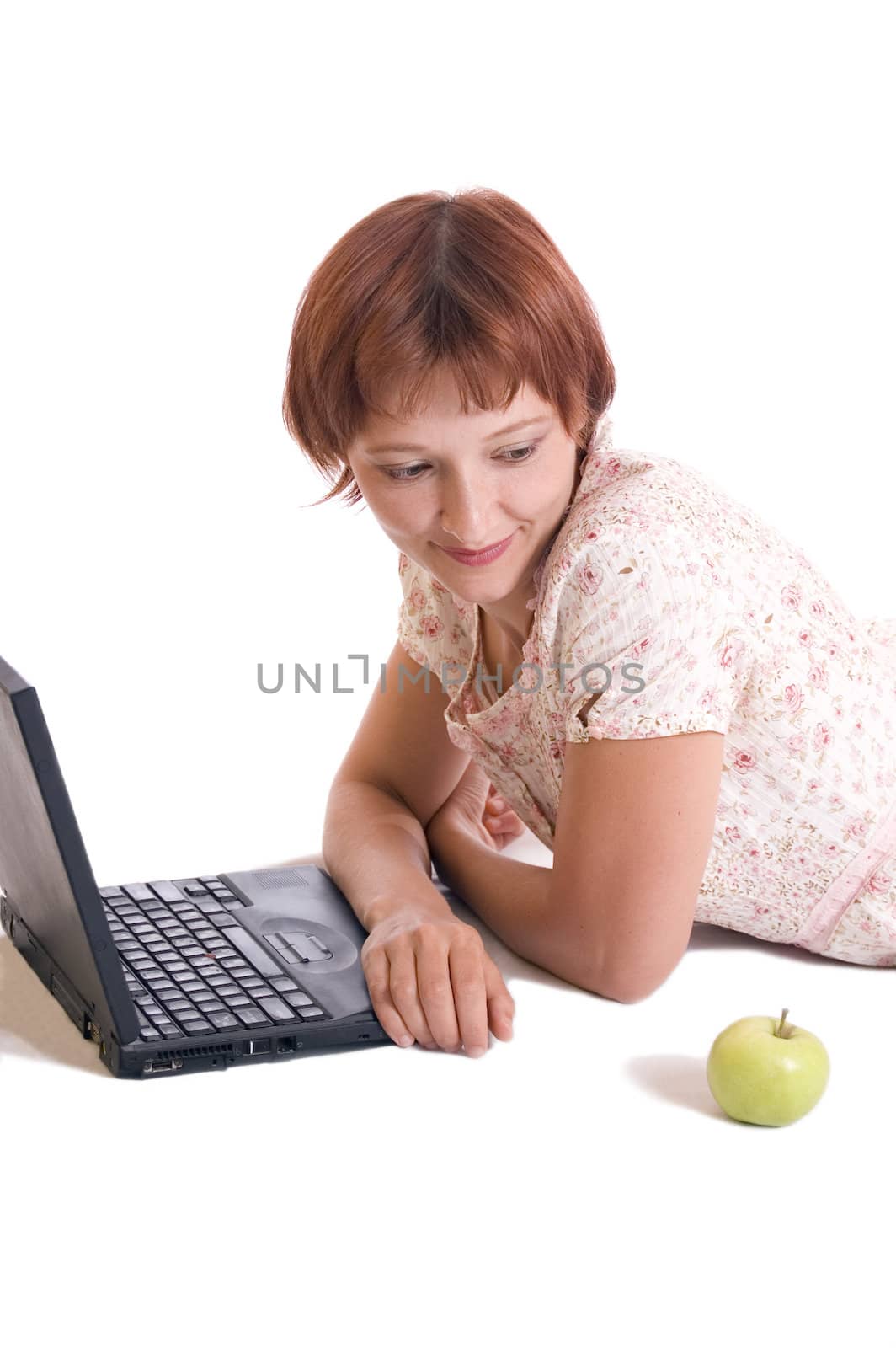 Beautiful romantic girl between a computer and an apple. by shalunishka
