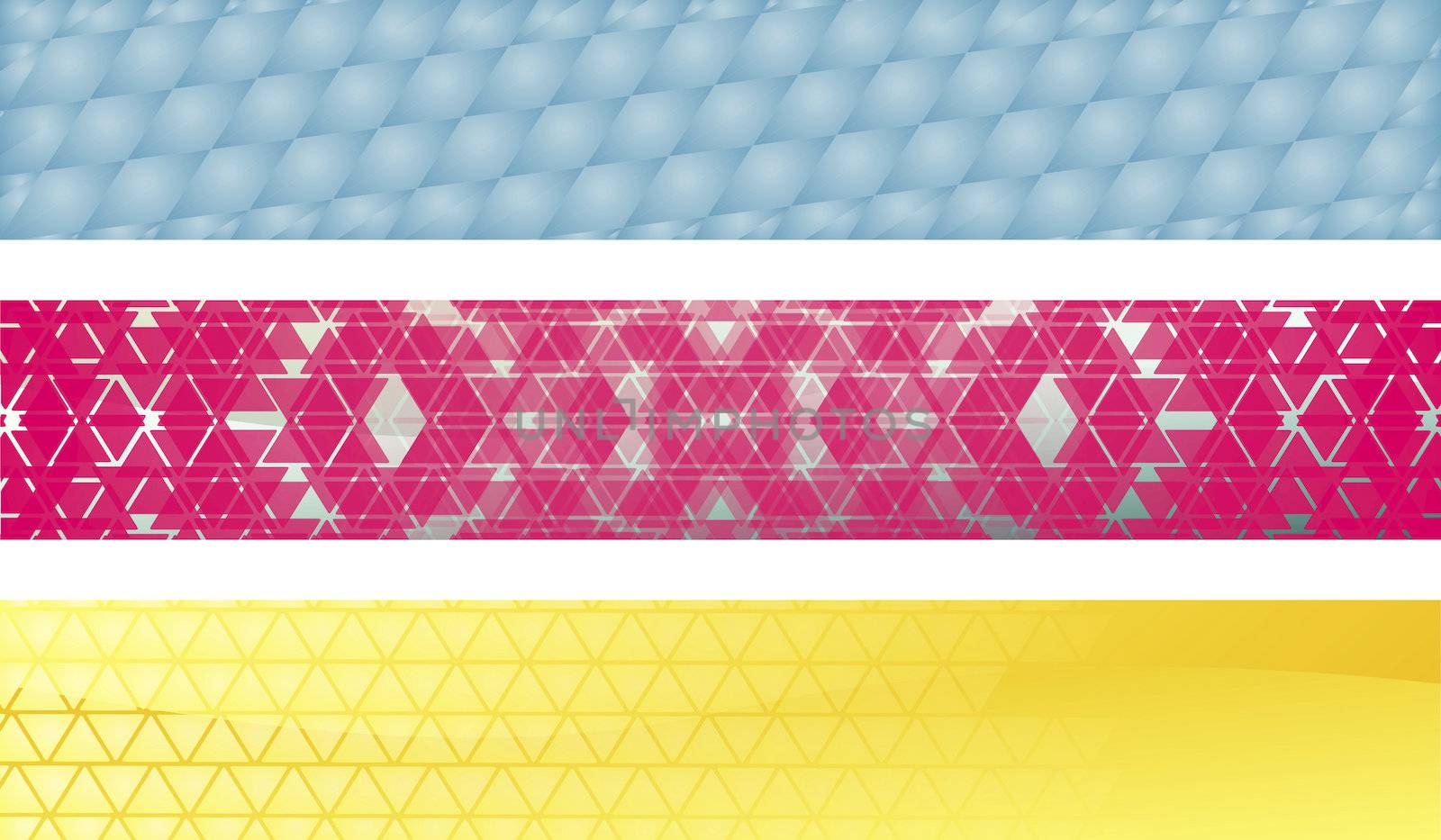 Three banners with triangles and rhombuses in blue, pink and yellow