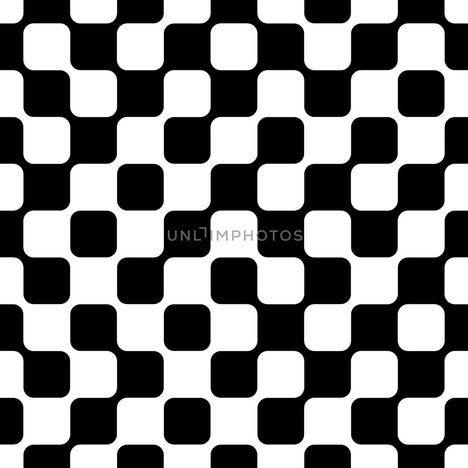 An abstract seamless pattern of black and white geometric shapes that are connected to one another.