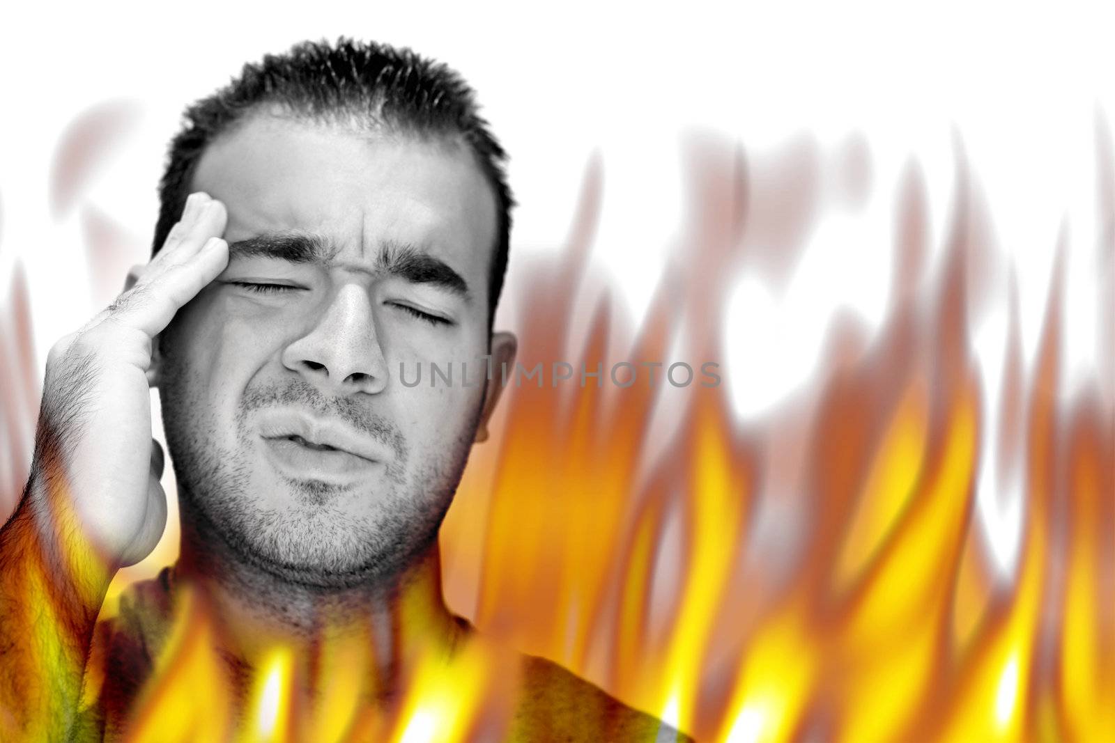 A man experiencing pain and suffering with hot fiery flames burning around him.