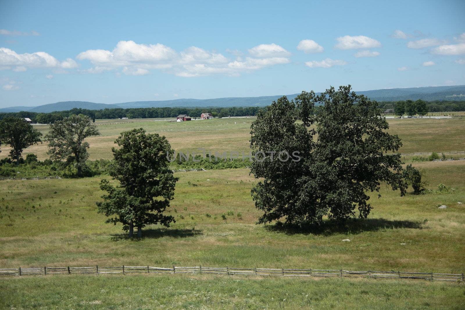 Farm and fences on battle site, as seen from Cemetery Ridge at Gettysburg National Military Park