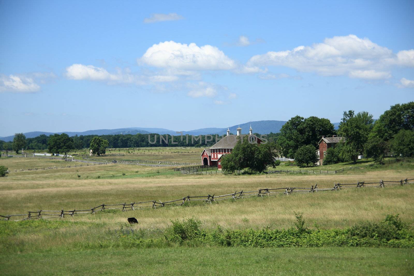 Farm and fences on battle site, as seen from Cemetery Ridge at Gettysburg National Military Park