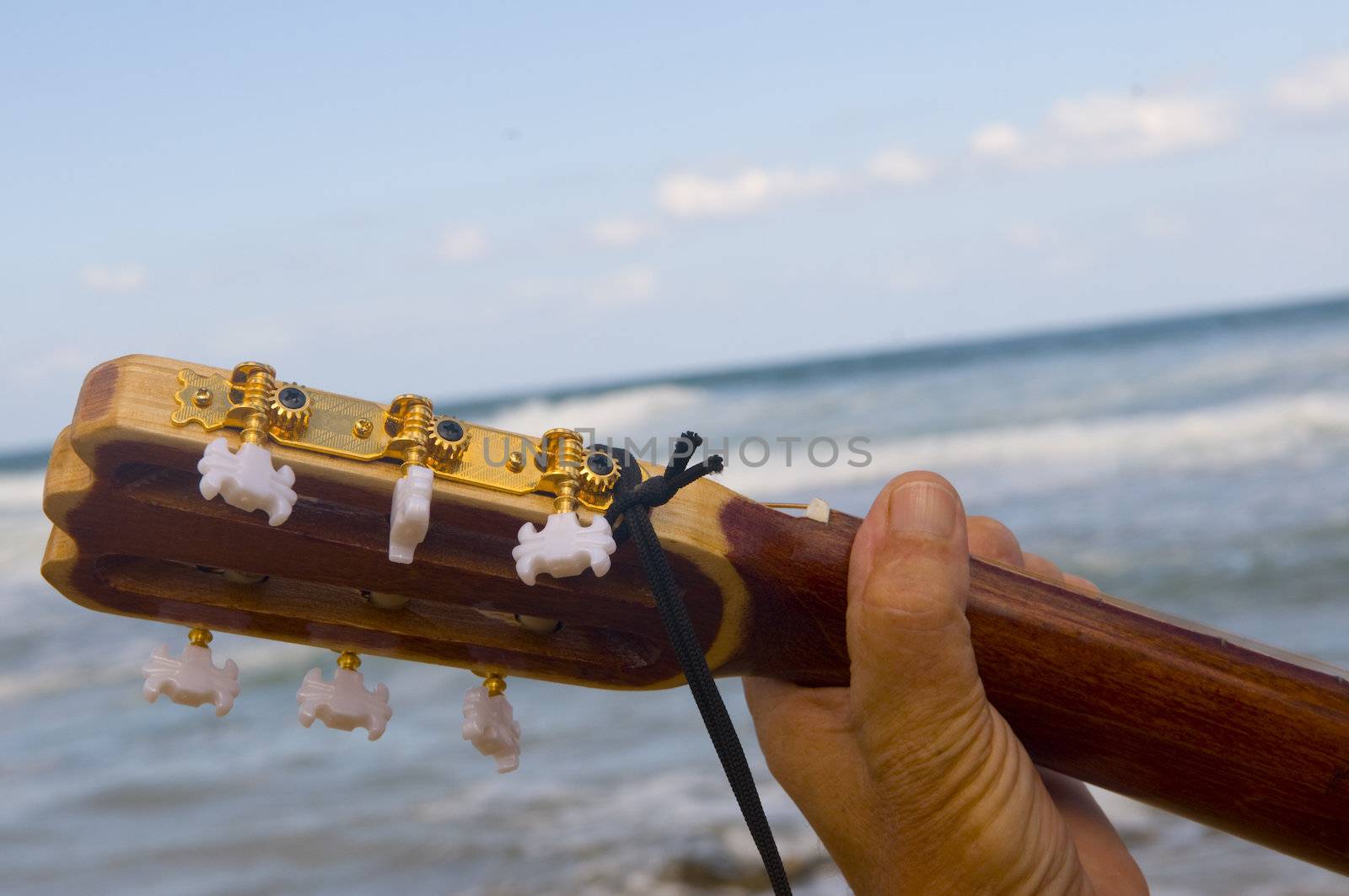 guitar neck against the backdrop of the sea