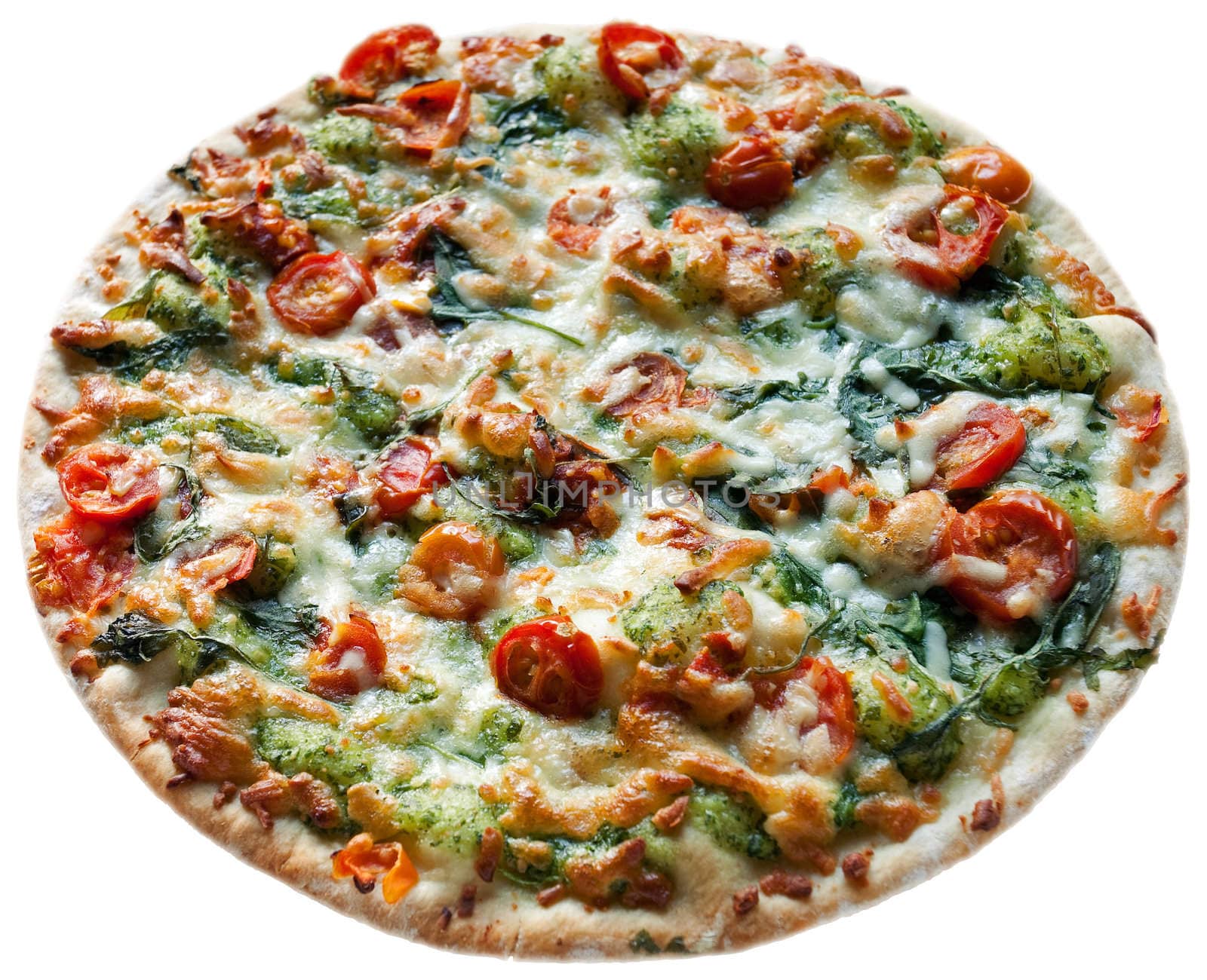 Pizza rucoli chery tomatos mozzarella aragula on white background. Clipping path included