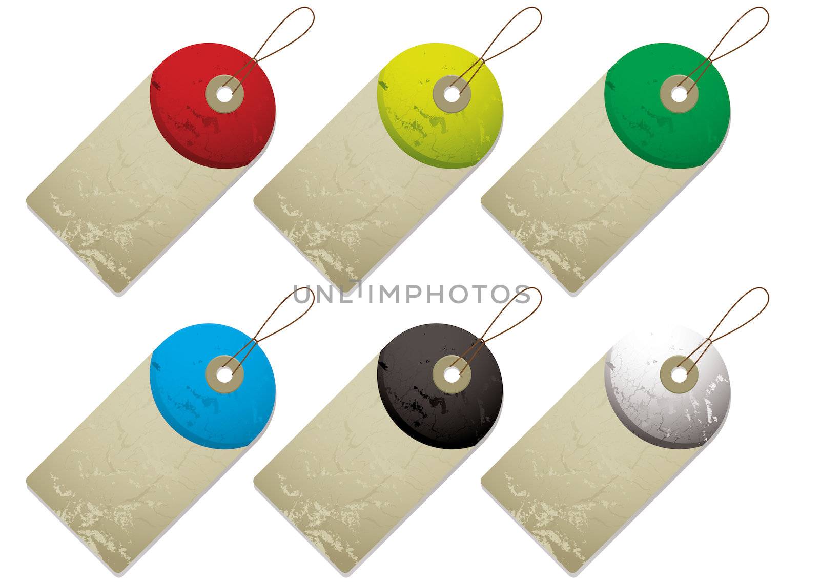 Collection of six tags with drop shadow and colour variation