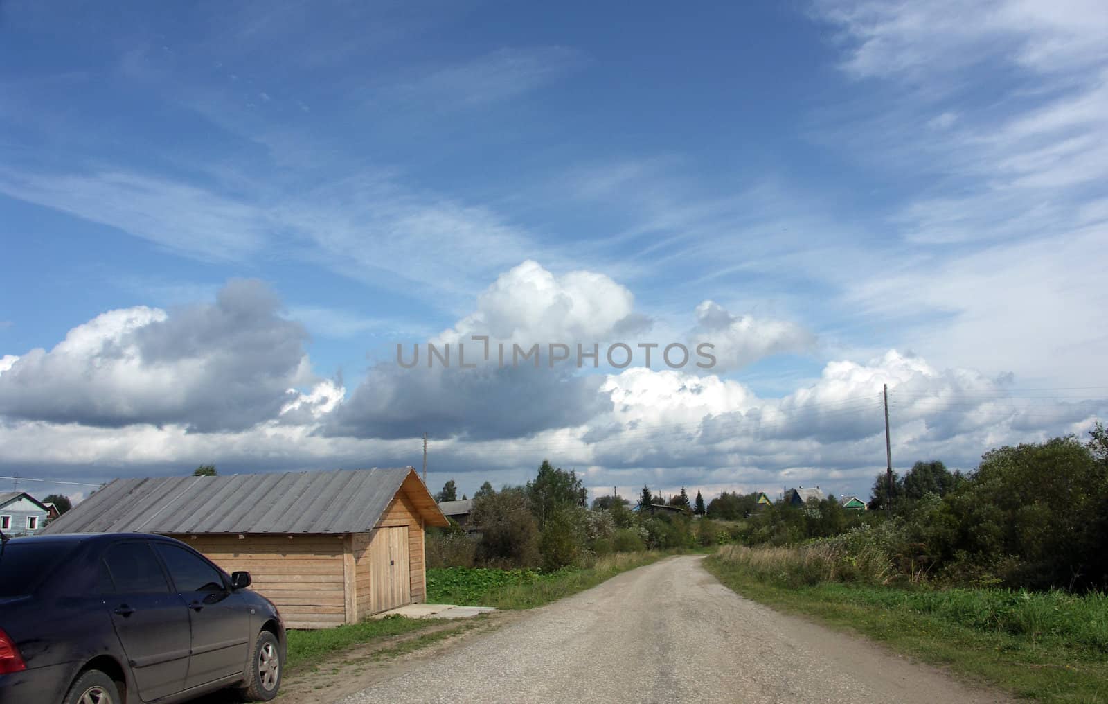 road, sky, car, garage, village