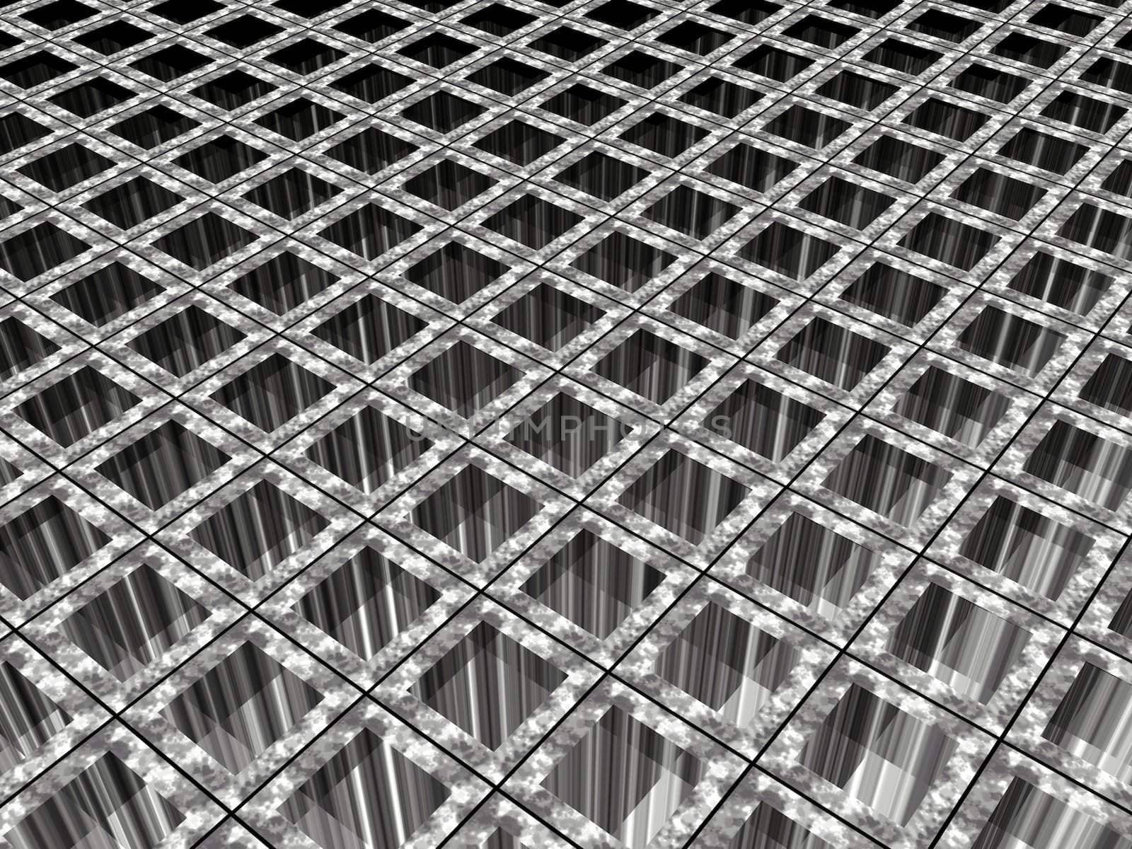 3D illustration of a grid made of grey squares.