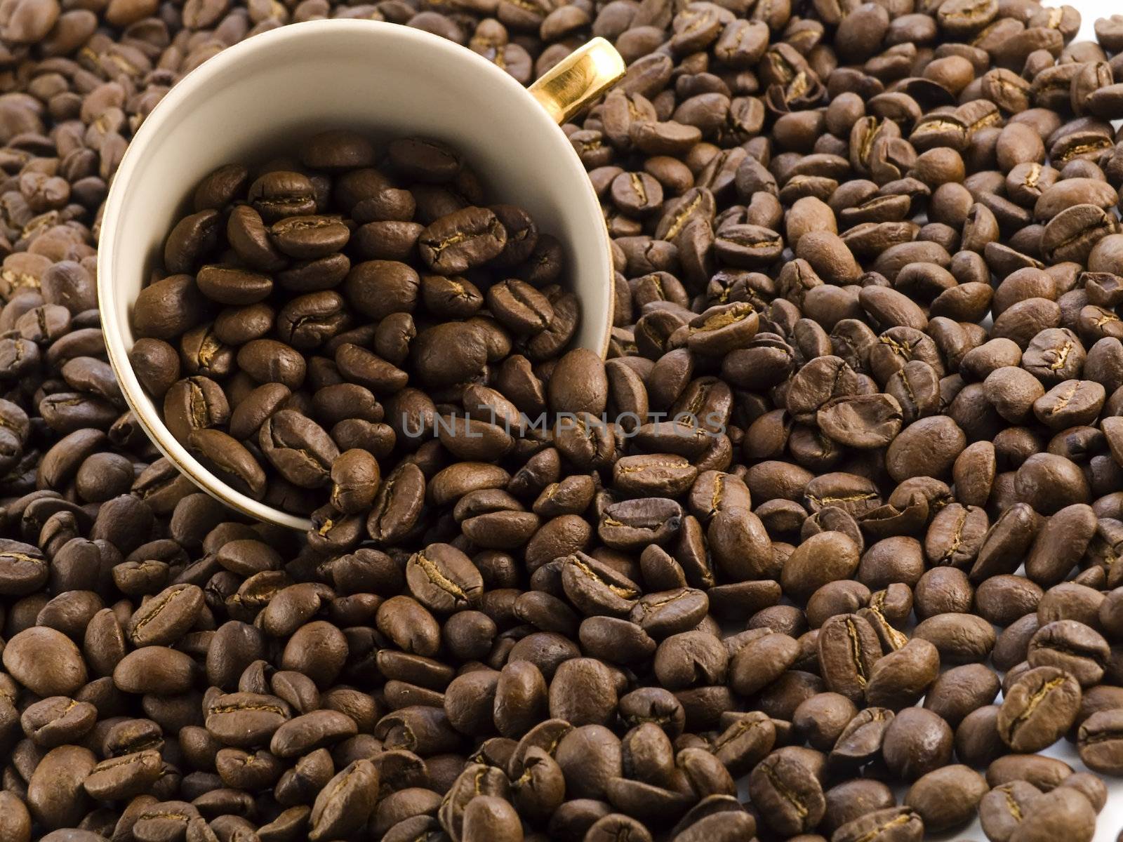 coffee cup full of coffee beans on dark background