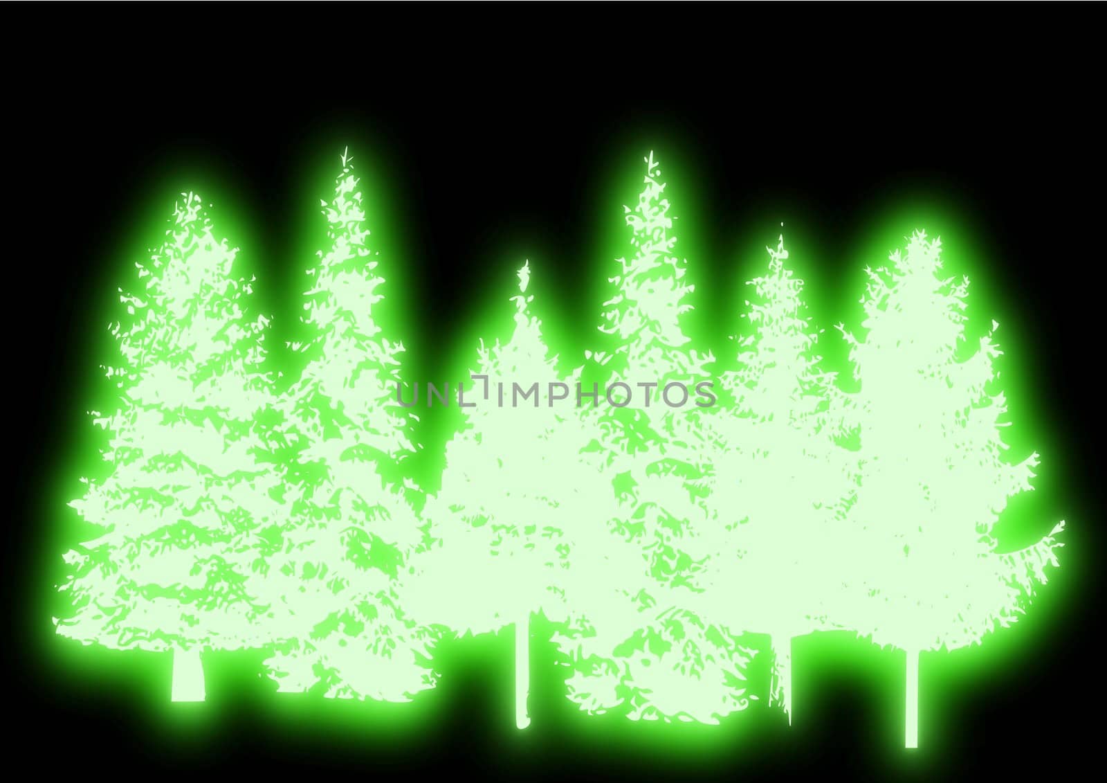 A line of glowing green Christmas trees against an abstract background.