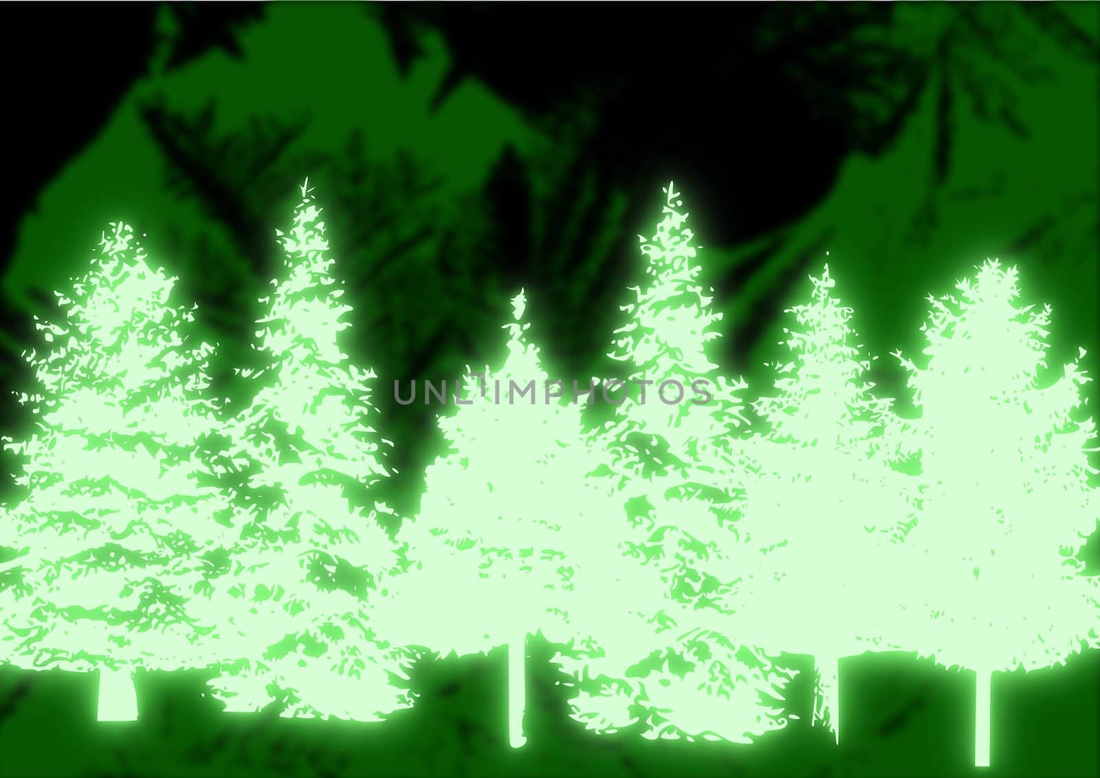 A line of glowing green Christmas trees against an abstract background.