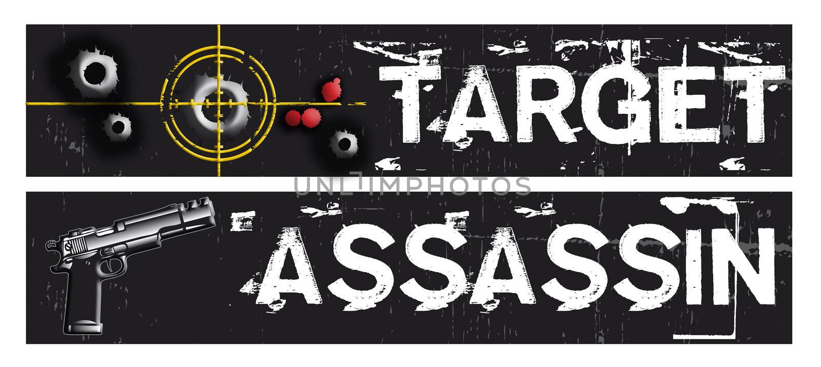 Two horizontal crime themed banners set on a black grunge background base. Target and assassin themed.