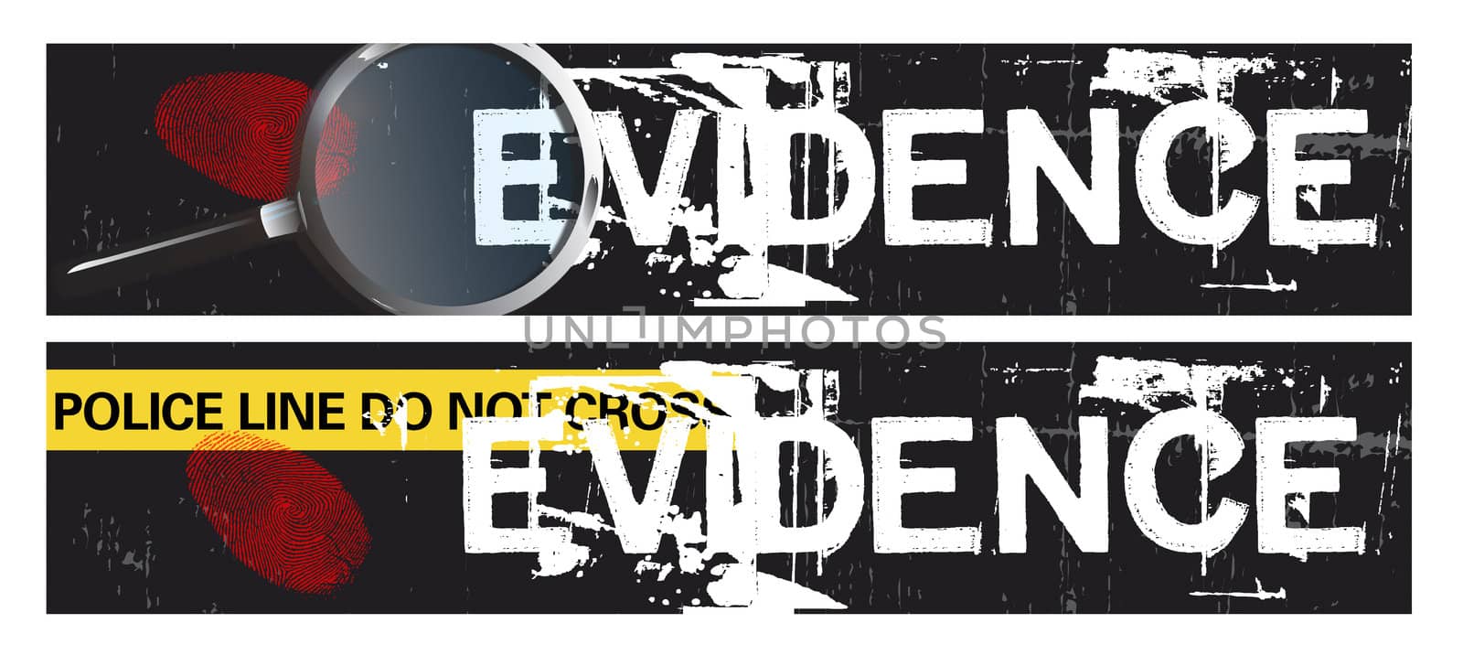 Two horizontal crime themed banners set on a grunge styled background base. Evidence themed.