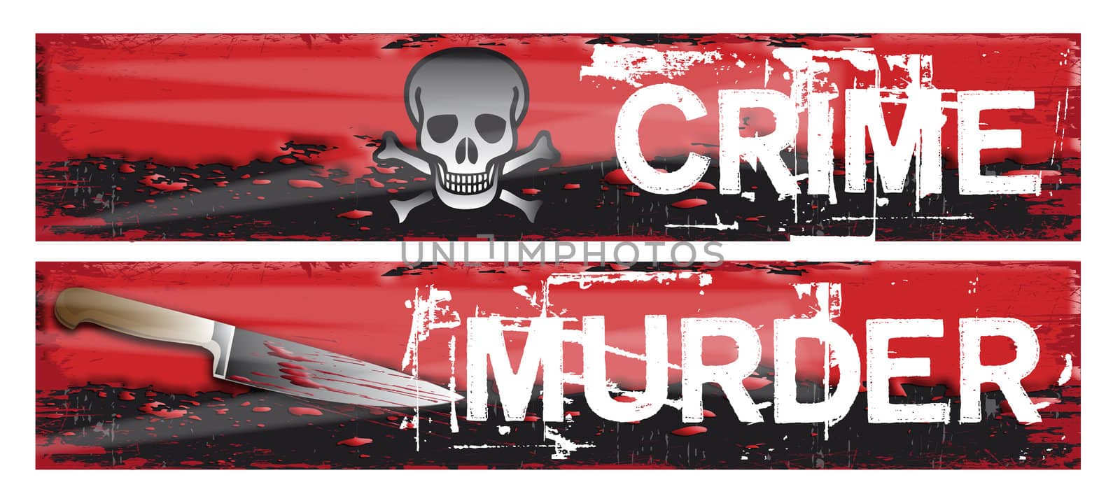 Two horizontal crime themed banners set on a bloody red grunge styled background base. Crime and murder.