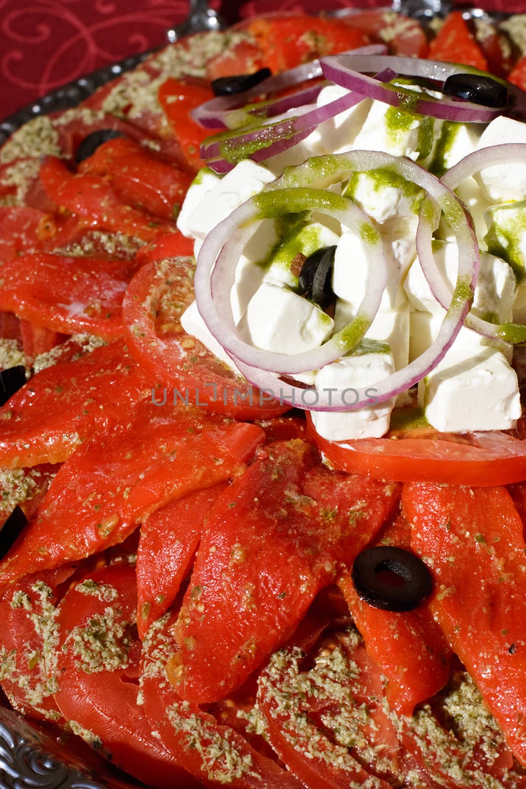 Variation of Greek salad with roasted pepper