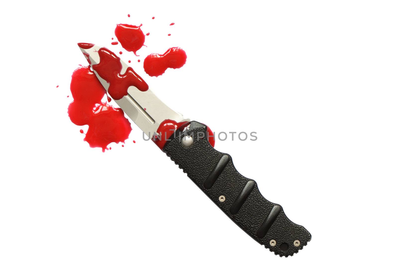 Bloody red blots and knife isolated on white with clipping path