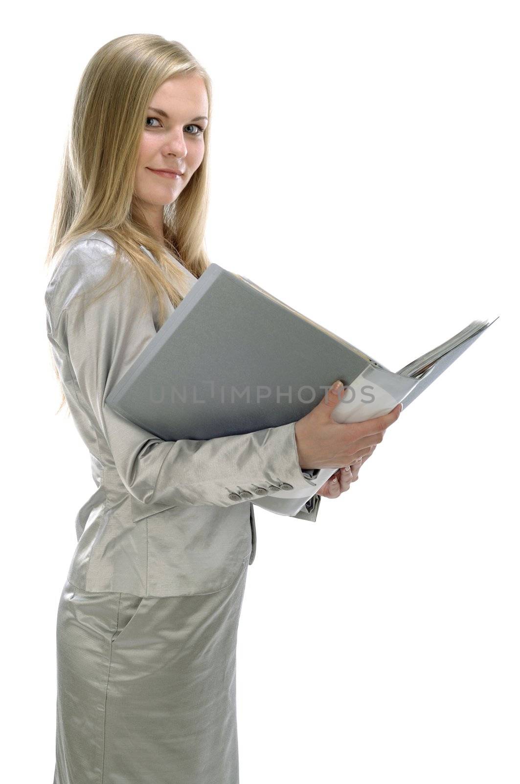 Portrait of young businesswoman with folder  by Mimal