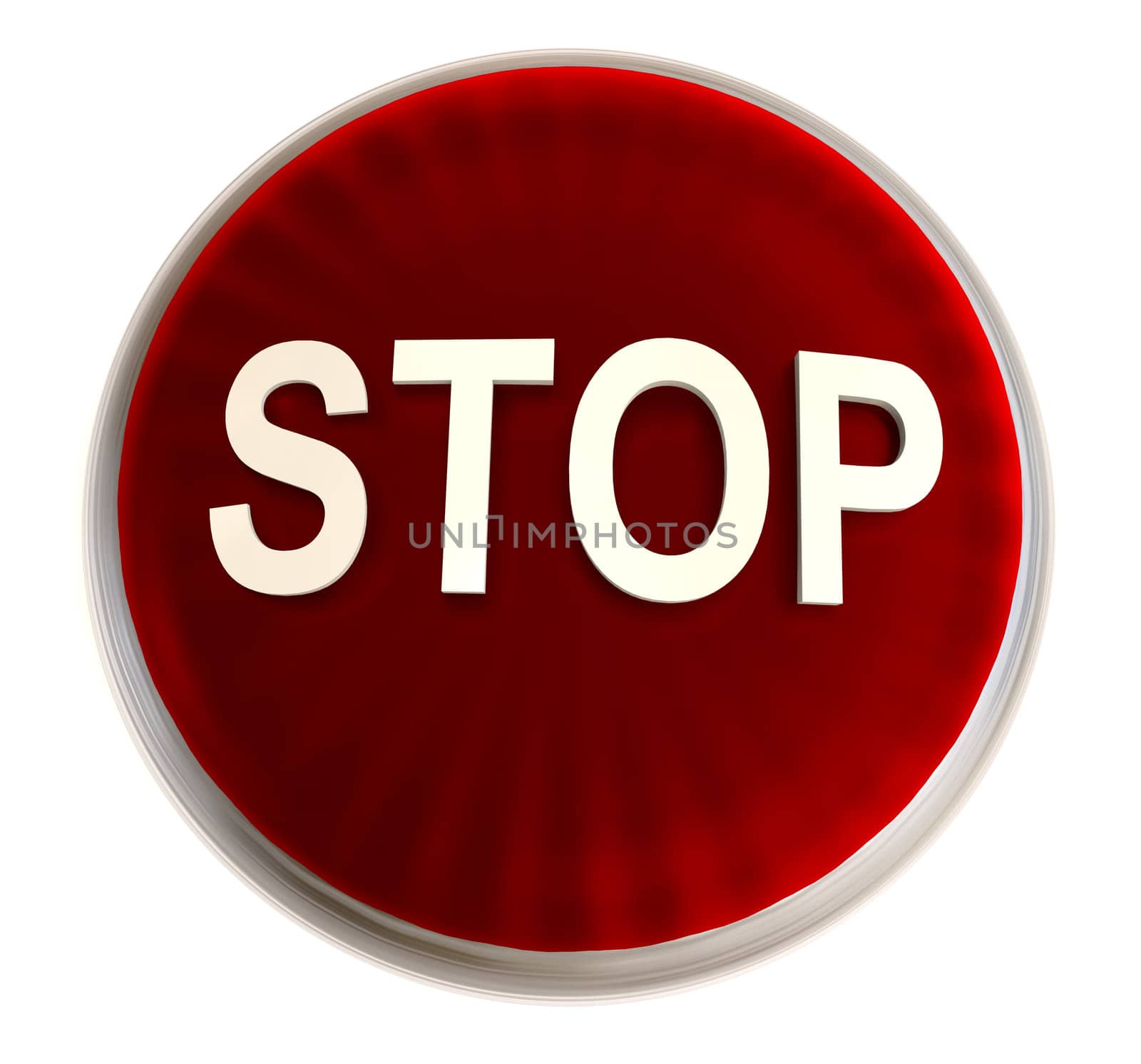 Transparent red stop button with light effect and white background