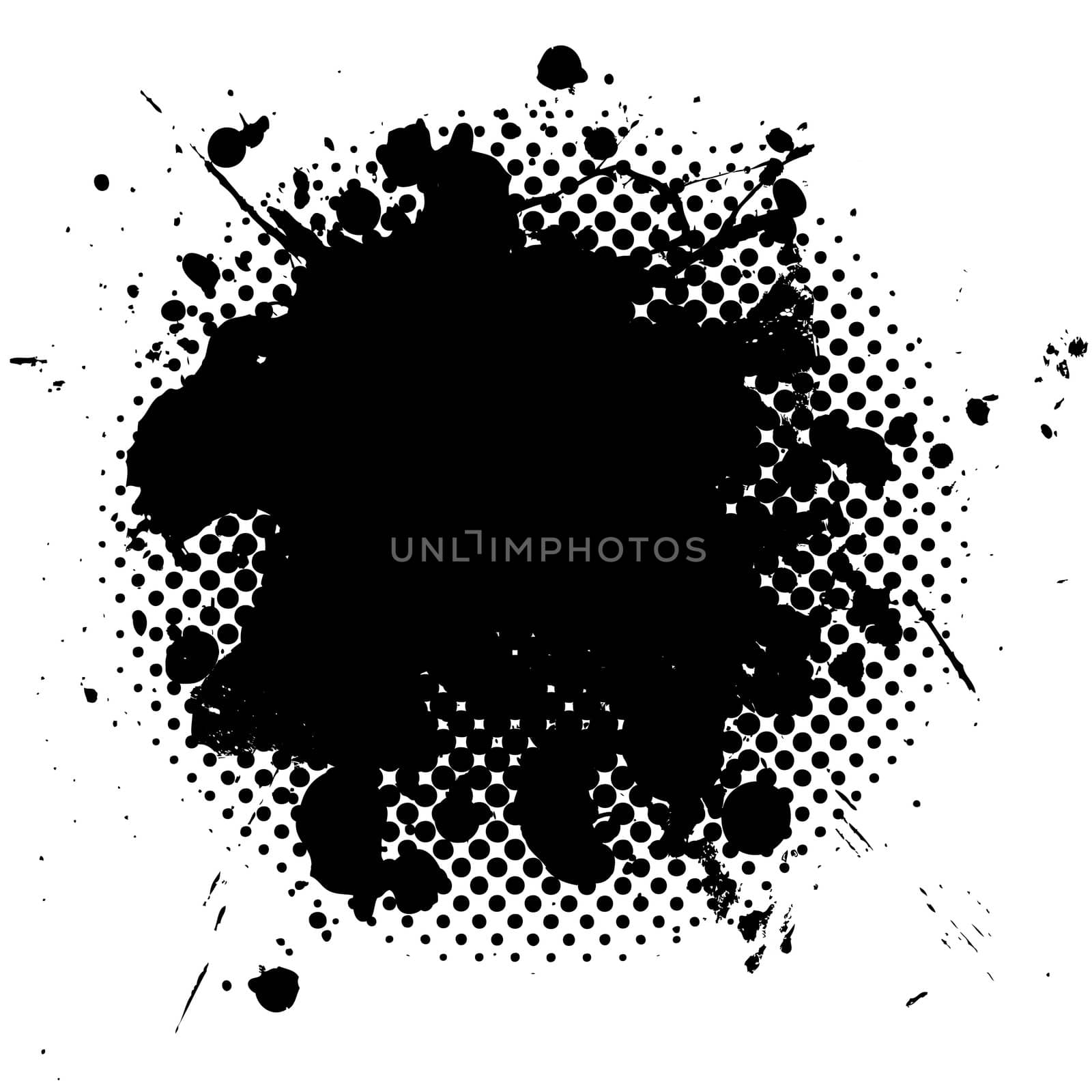 black ink splat with grunge effect and halftone dot fade