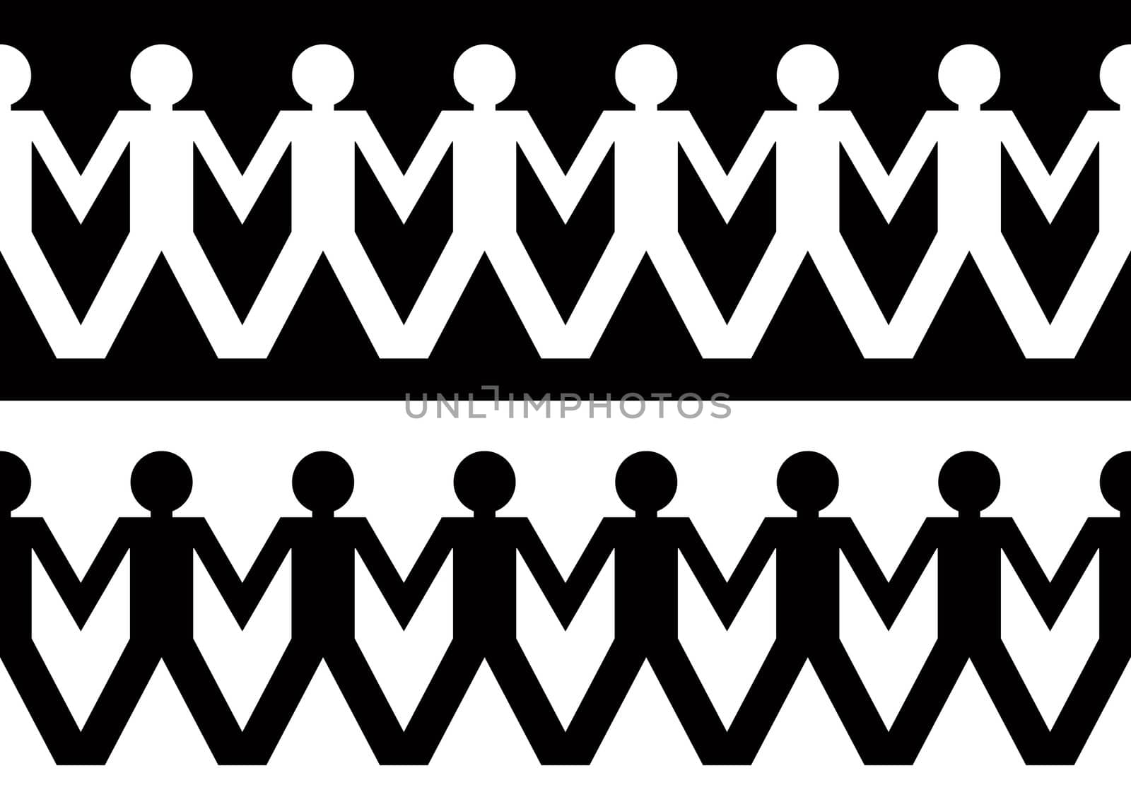 String of paper chain men in black and white ideal border holding hands