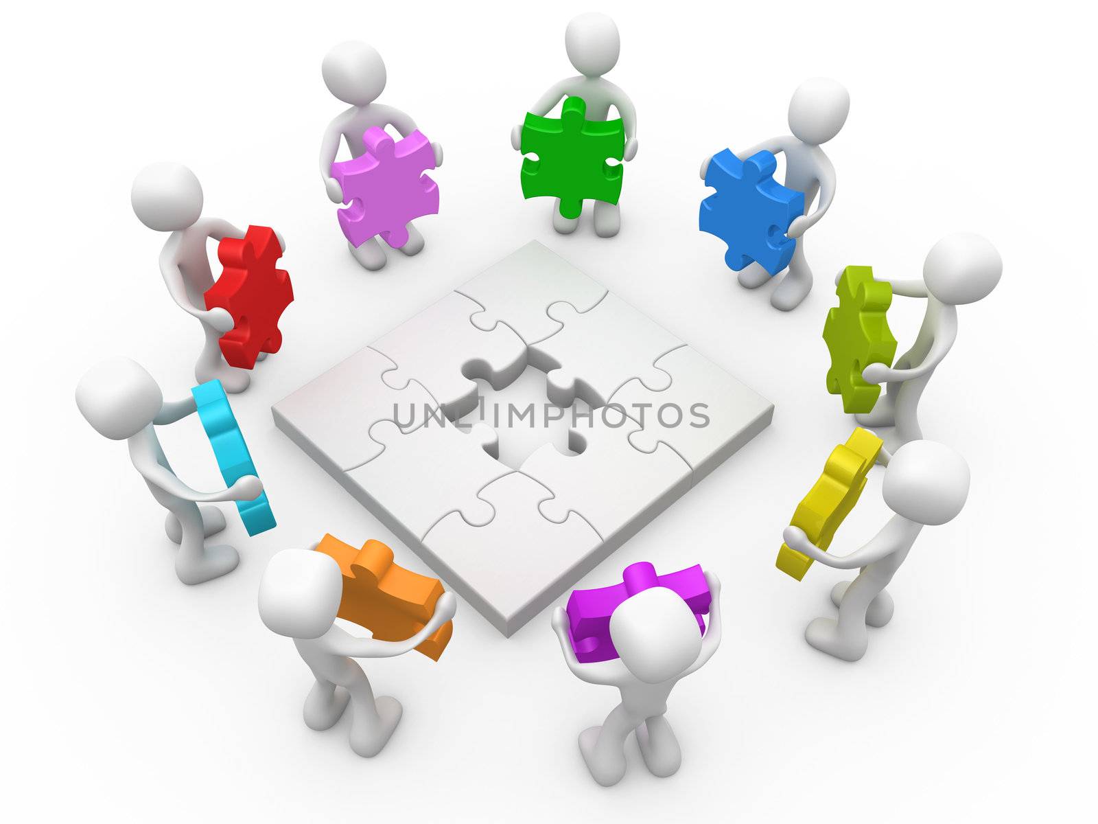 3d people standing around a jigsaw puzzle holding puzzle pieces in various colors.