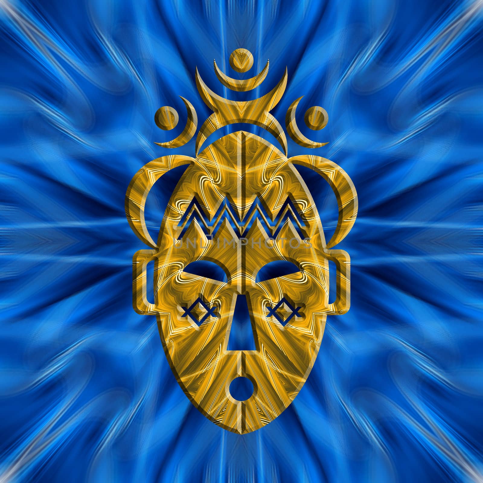 a digital yellow african mask over a blue background