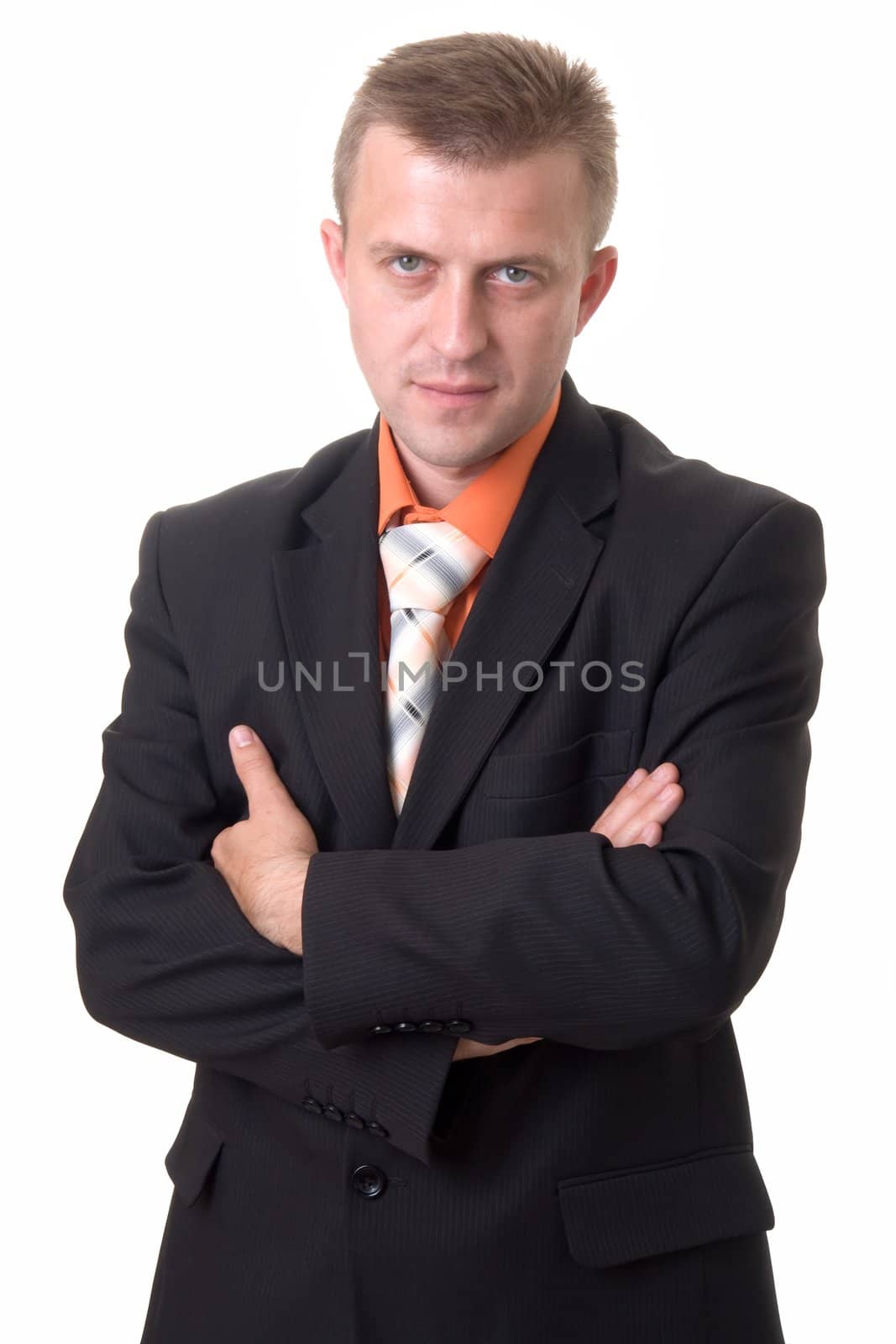 sad businessman with arms across on a white background