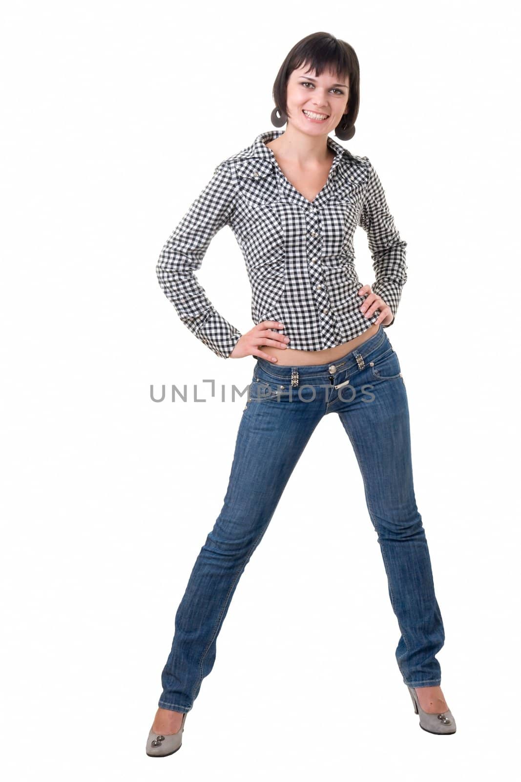 beautiful girl in jeans on a white background