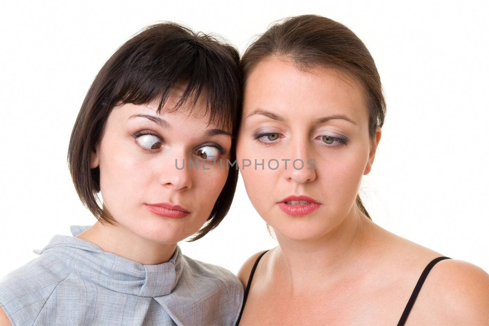 After the working day. Two crazy women on a white background.