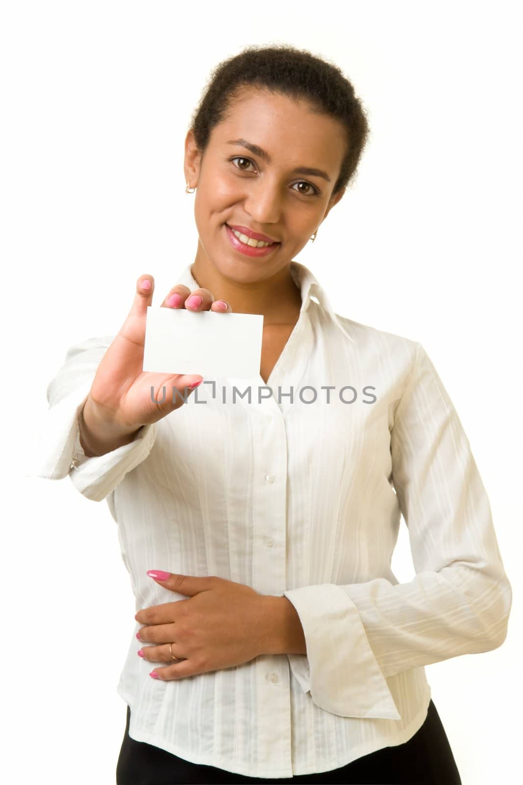 woman holds an empty business card. It is ready to your inscription.