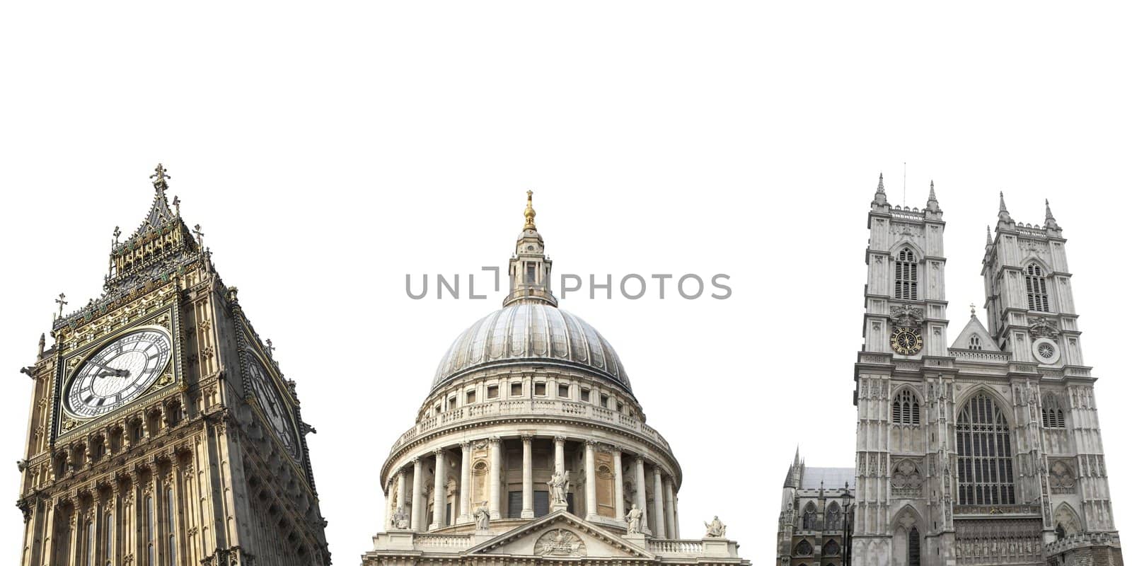 London landmarks isolated: Big Ben, St Paul's Cathedral, Westminster Abbey