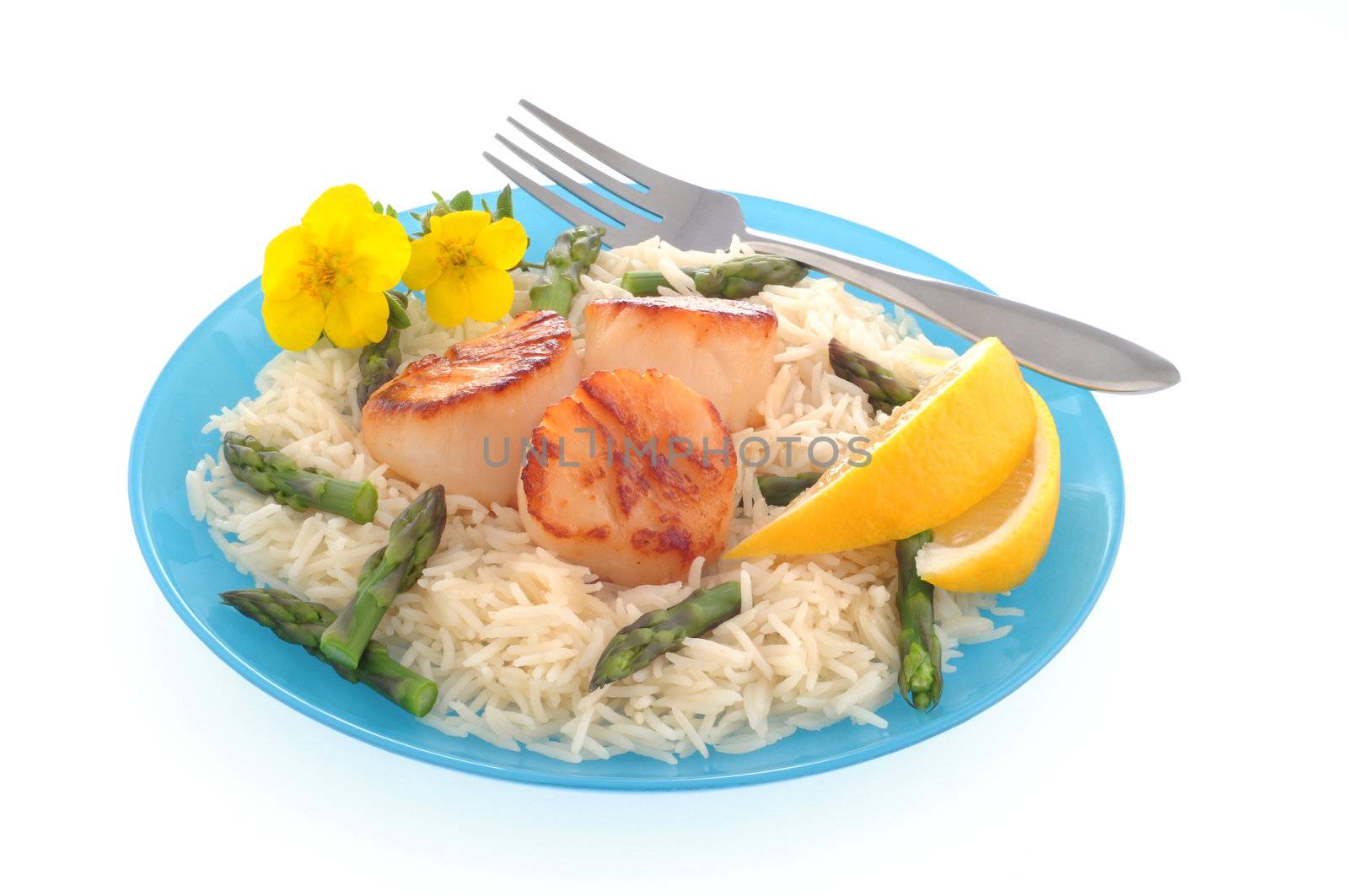 Seared sea scallops served with basmati rice.